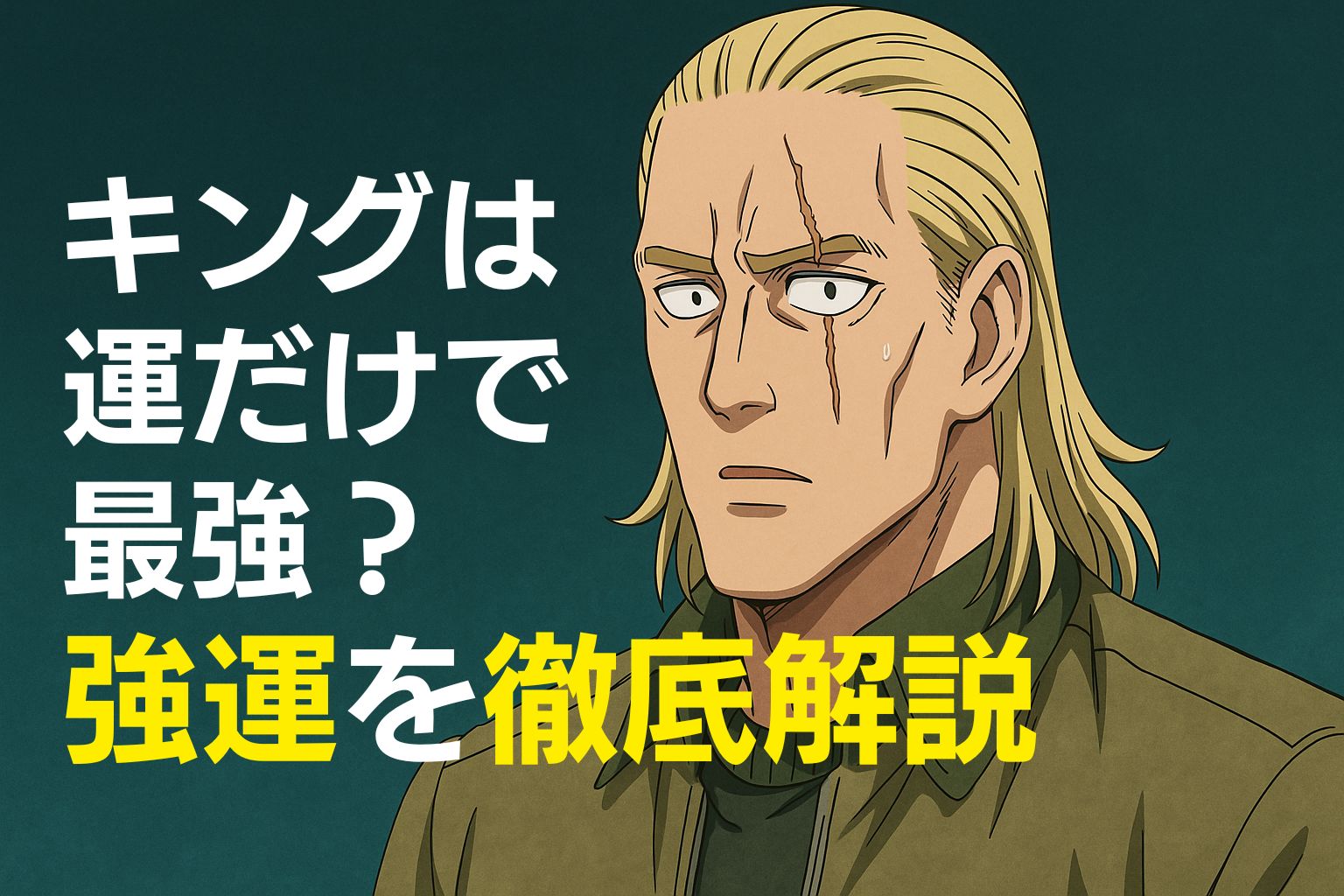 ワンパンマンのキングが驚いた表情で描かれたアイキャッチ画像。「運だけで最強？強運を徹底解説」という文字が配置されたデザイン。