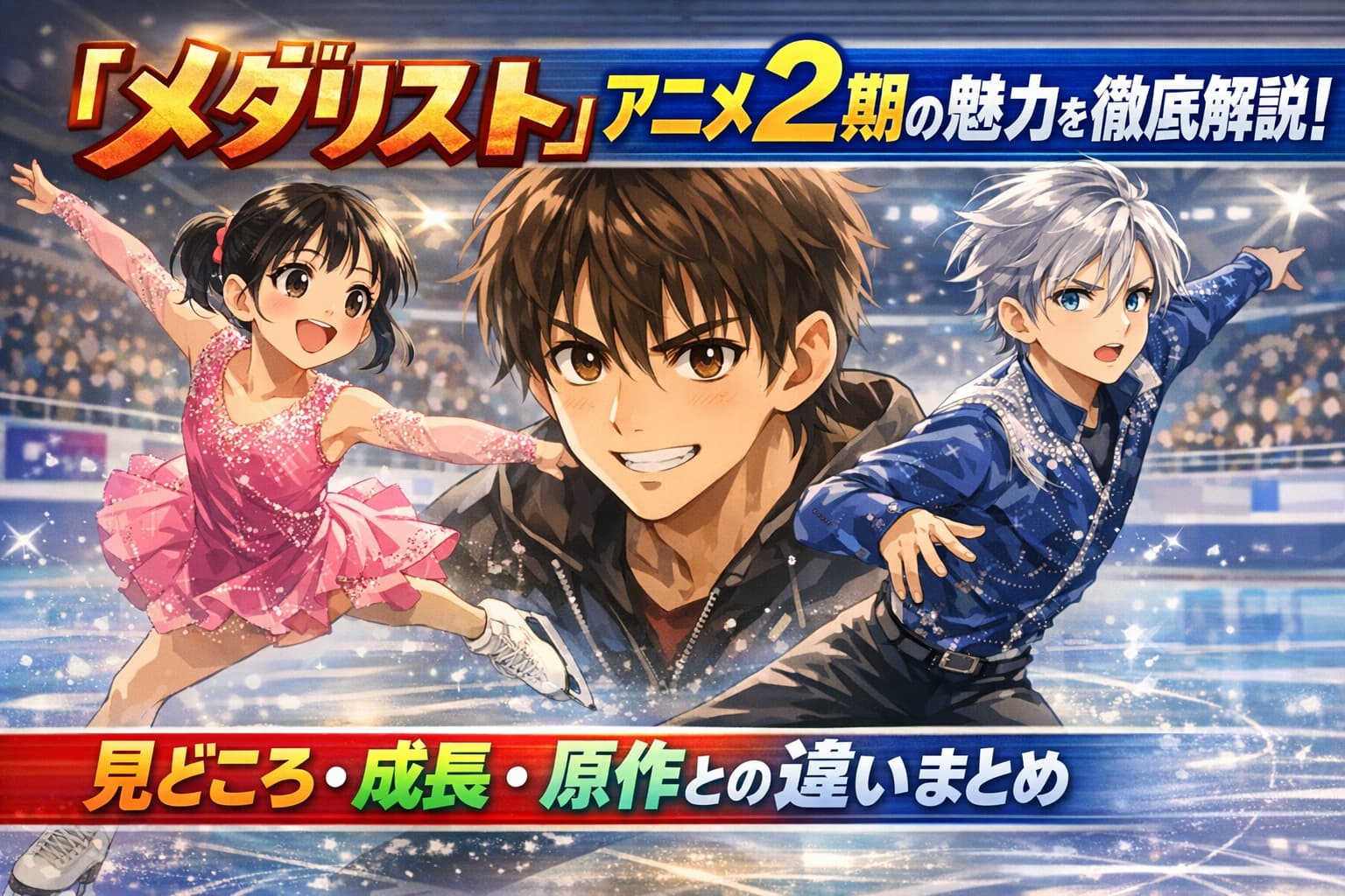 メダリストアニメ2期のキービジュアル。氷上で演技するキャラクターたちと「アニメ2期の魅力を徹底解説」という文字が描かれた横長アイキャッチ画像