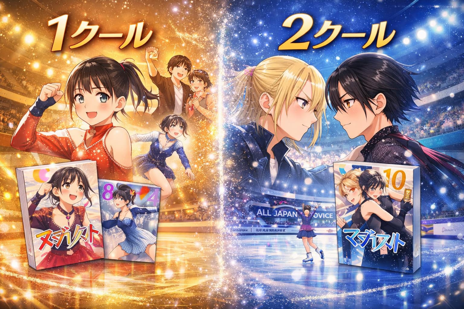 メダリストアニメ第2期の1クールと2クールの進行範囲を比較したイメージ画像。フィギュアスケートリンク上でキャラクターたちが描かれている。
