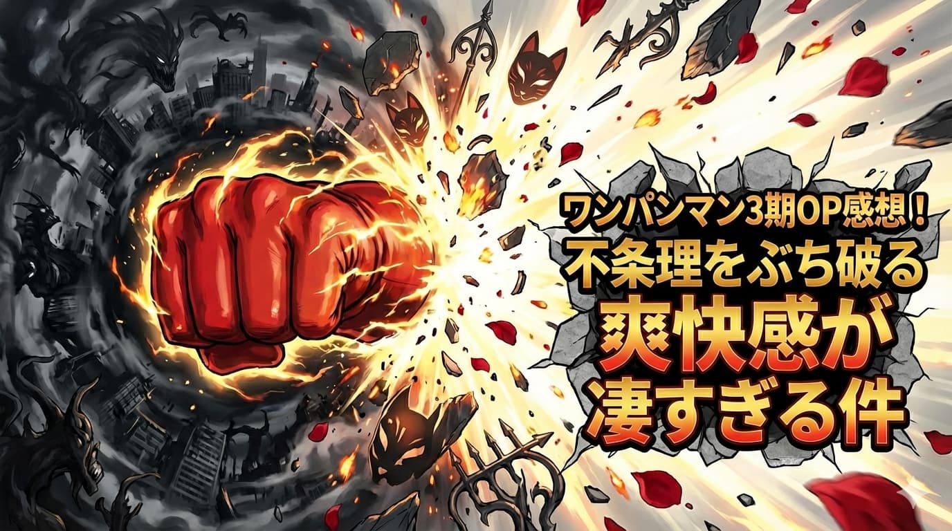 ワンパンマン3期OP『Get No Satisfied !』の感想記事用アイキャッチ。赤い拳が暗闇と怪物を打ち破るイラストに「不条理をぶち破る爽快感が凄すぎる件」という文字が入っている。