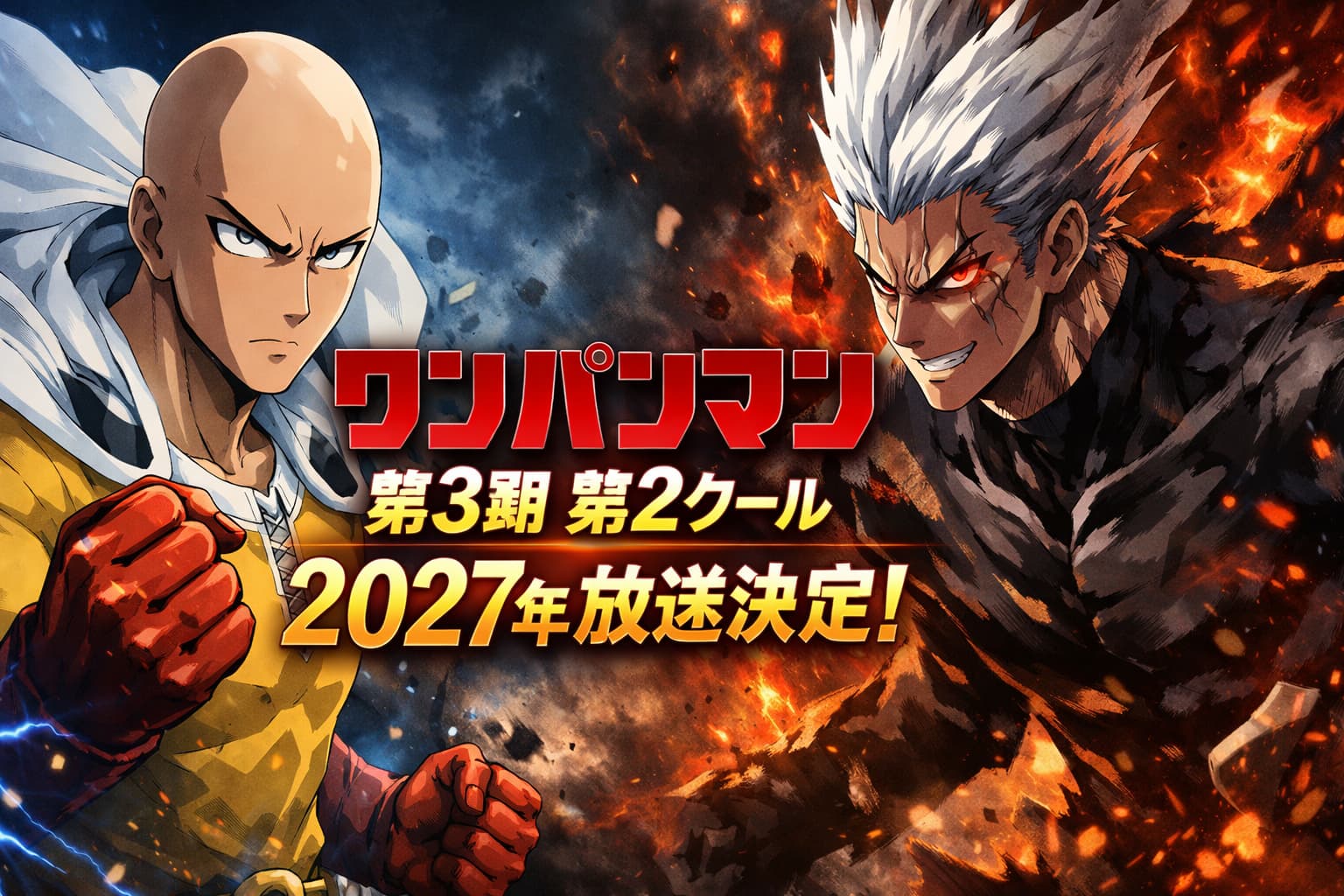 サイタマとガロウが向き合う『ワンパンマン』第3期第2クールの公式ビジュアル（2027年放送予定）