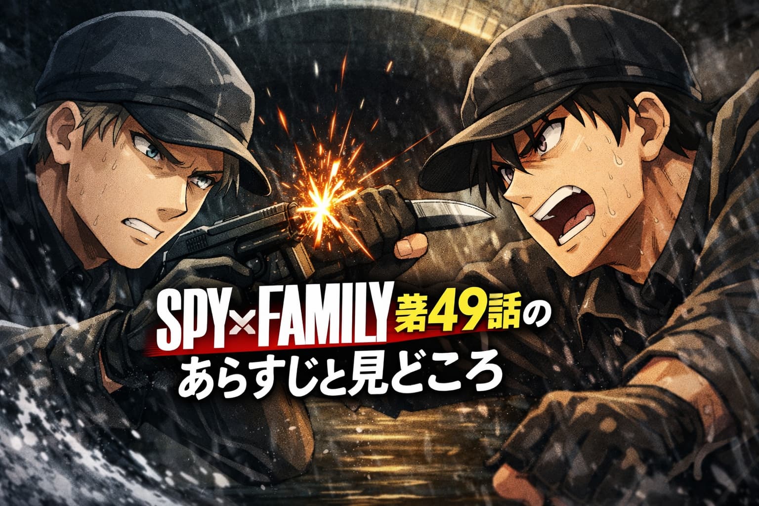SPY×FAMILY第49話でロイドとユーリが下水道で対決するシーンのイラスト。銃とナイフが交差する緊迫の瞬間。