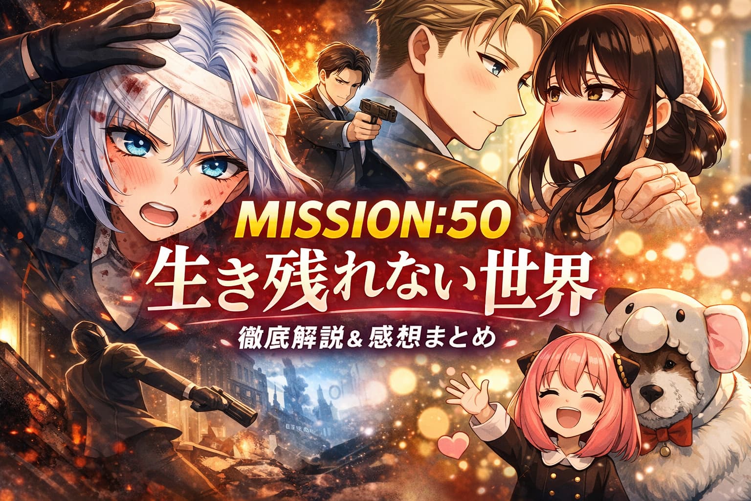 SPY×FAMILY MISSION:50「生き残れない世界」のアイキャッチ画像。フィオナ、ロイド、ヨル、アーニャ、ボンドが感情豊かに描かれたイラスト。