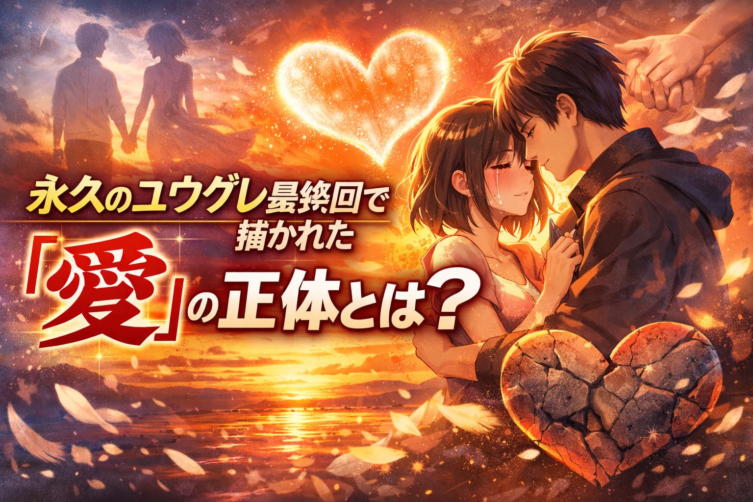 永久のユウグレ最終回で描かれた愛の本質を、夕焼けの中で寄り添う二人の姿とともに表現したイメージ