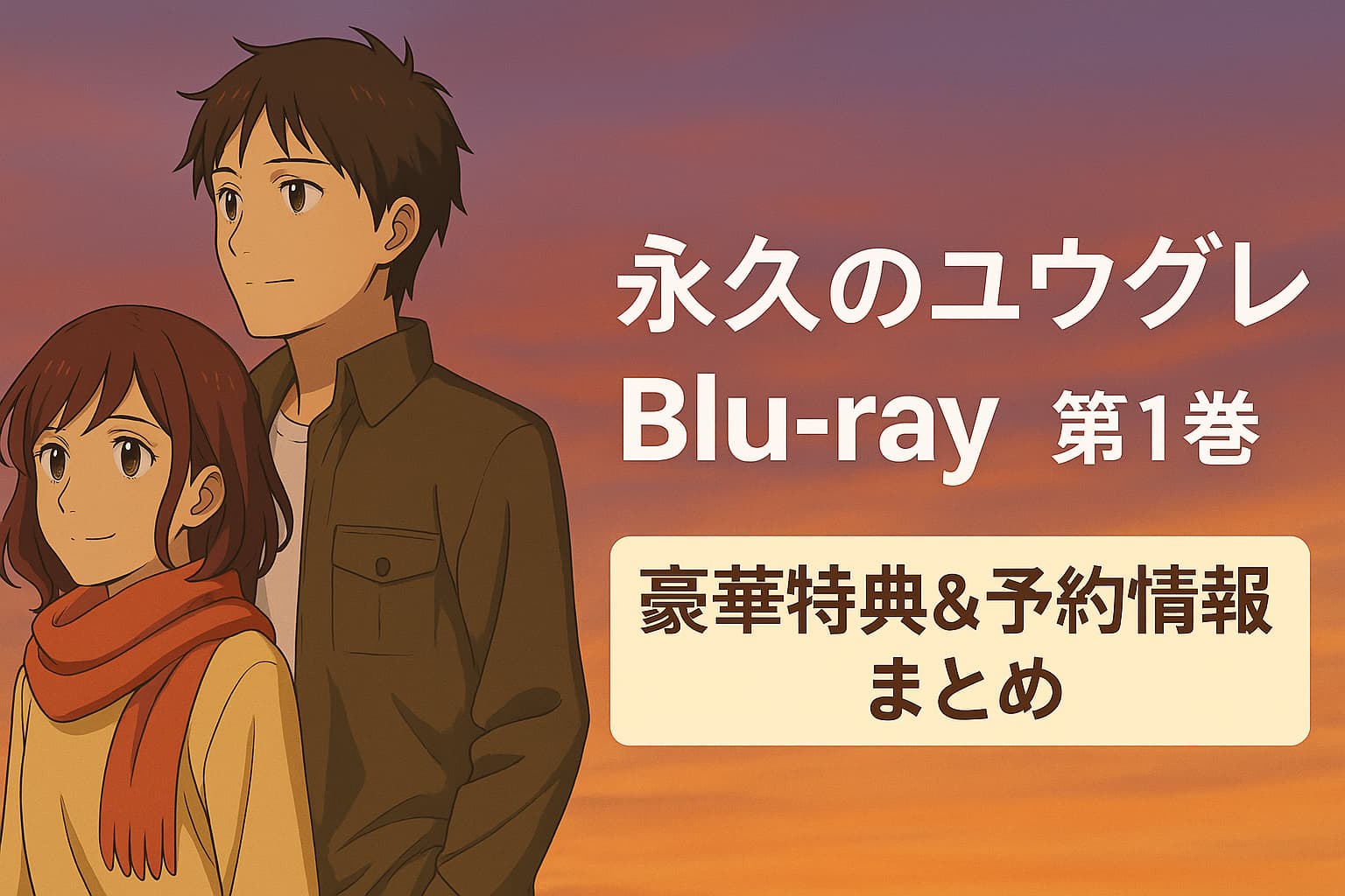 アニメ『永久のユウグレ』Blu-ray第1巻のアイキャッチ画像。夕暮れ空を背景に立つキャラクター2人と、特典＆予約情報のテキスト入り。