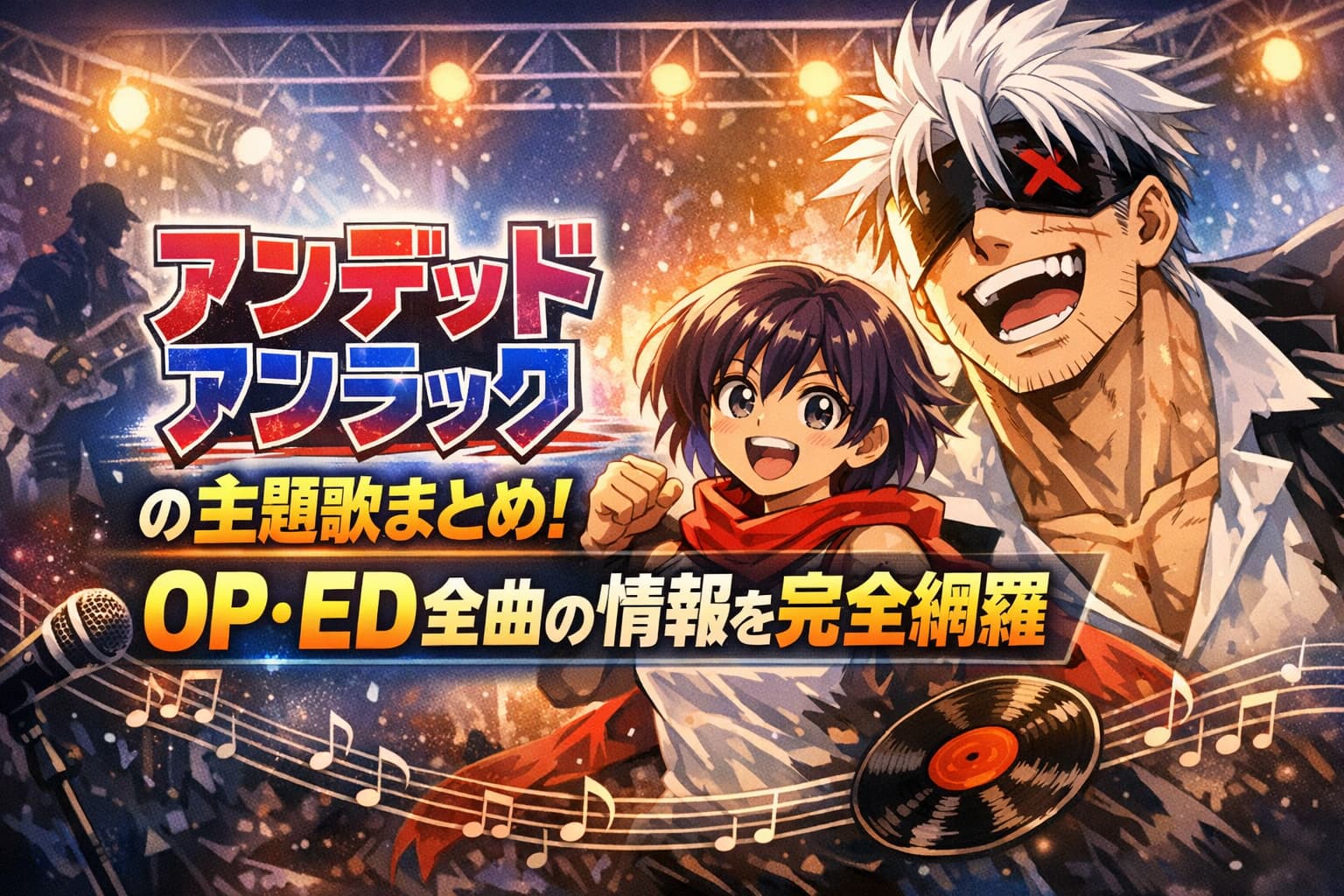 アンデッドアンラックの主題歌まとめ。OP・ED全曲を紹介する音楽モチーフ入りの横長アイキャッチ画像