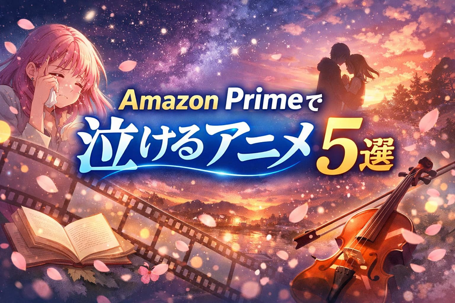 Amazon Primeで観られる泣けるアニメ5選を紹介する感動的なアイキャッチ画像。涙を流す少女と夕焼けのカップルが印象的。