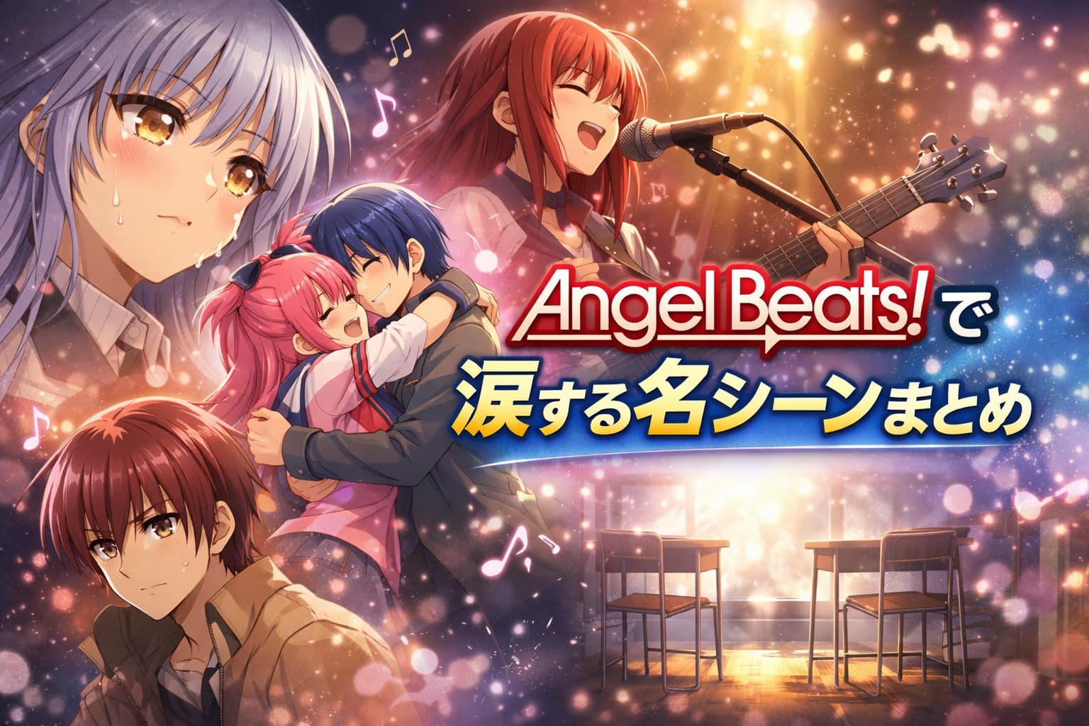 アニメ『Angel Beats!』の感動シーンを描いたアイキャッチ画像。登場キャラクターたちが涙や笑顔を見せる印象的な構図。