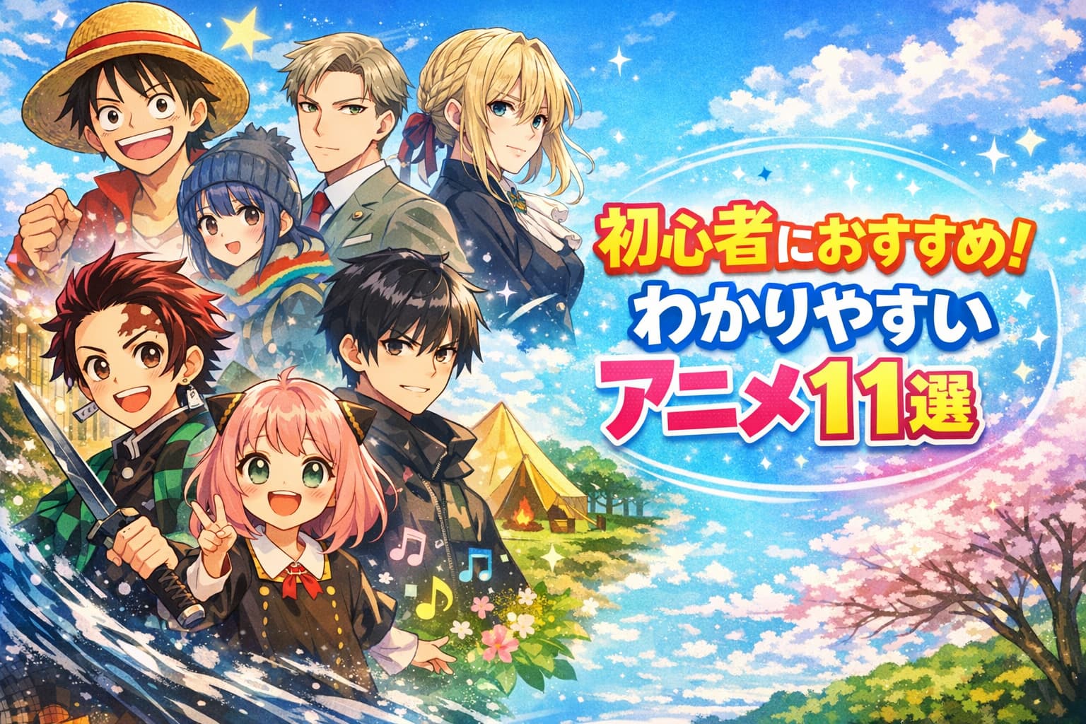 初心者におすすめのアニメキャラクターたちと、空・桜・テントなどが描かれた華やかなビジュアル。右側に「初心者におすすめ！わかりやすいアニメ11選」の日本語タイトル入り。