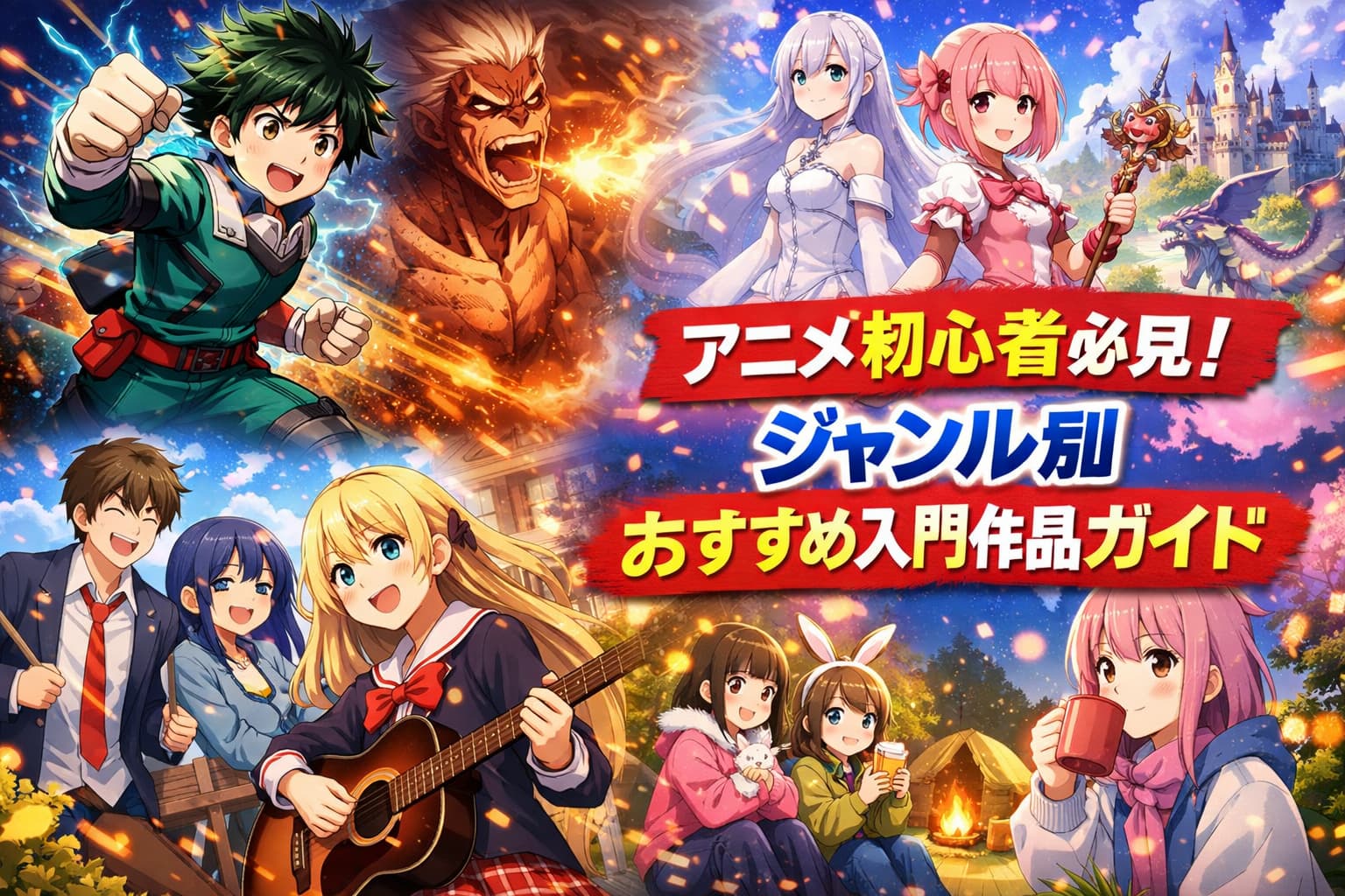 アニメ初心者向けジャンル別おすすめ作品を紹介するカラフルなアイキャッチ画像。バトル・ファンタジー・学園・日常系のキャラが勢揃いし、右中央にタイトルが表示されている。