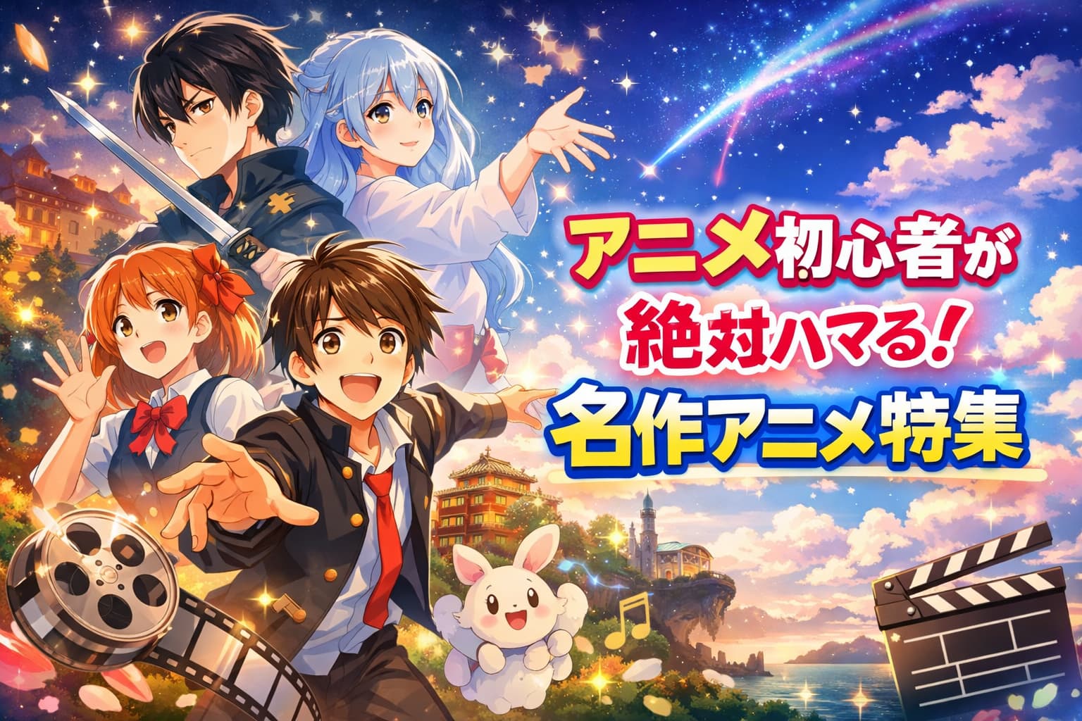 アニメ初心者におすすめの名作アニメ特集を紹介する横長バナー。笑顔の学生キャラや幻想的な背景、右中央に日本語タイトル。