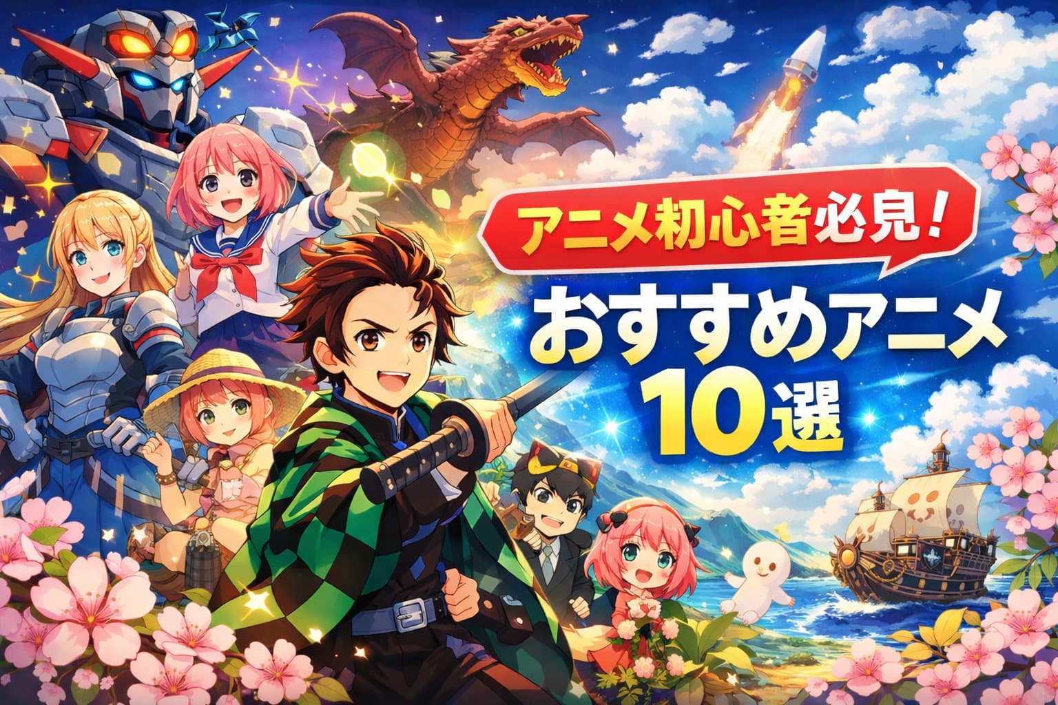 アニメ初心者向けのおすすめアニメ10選を紹介するカラフルなアイキャッチ画像