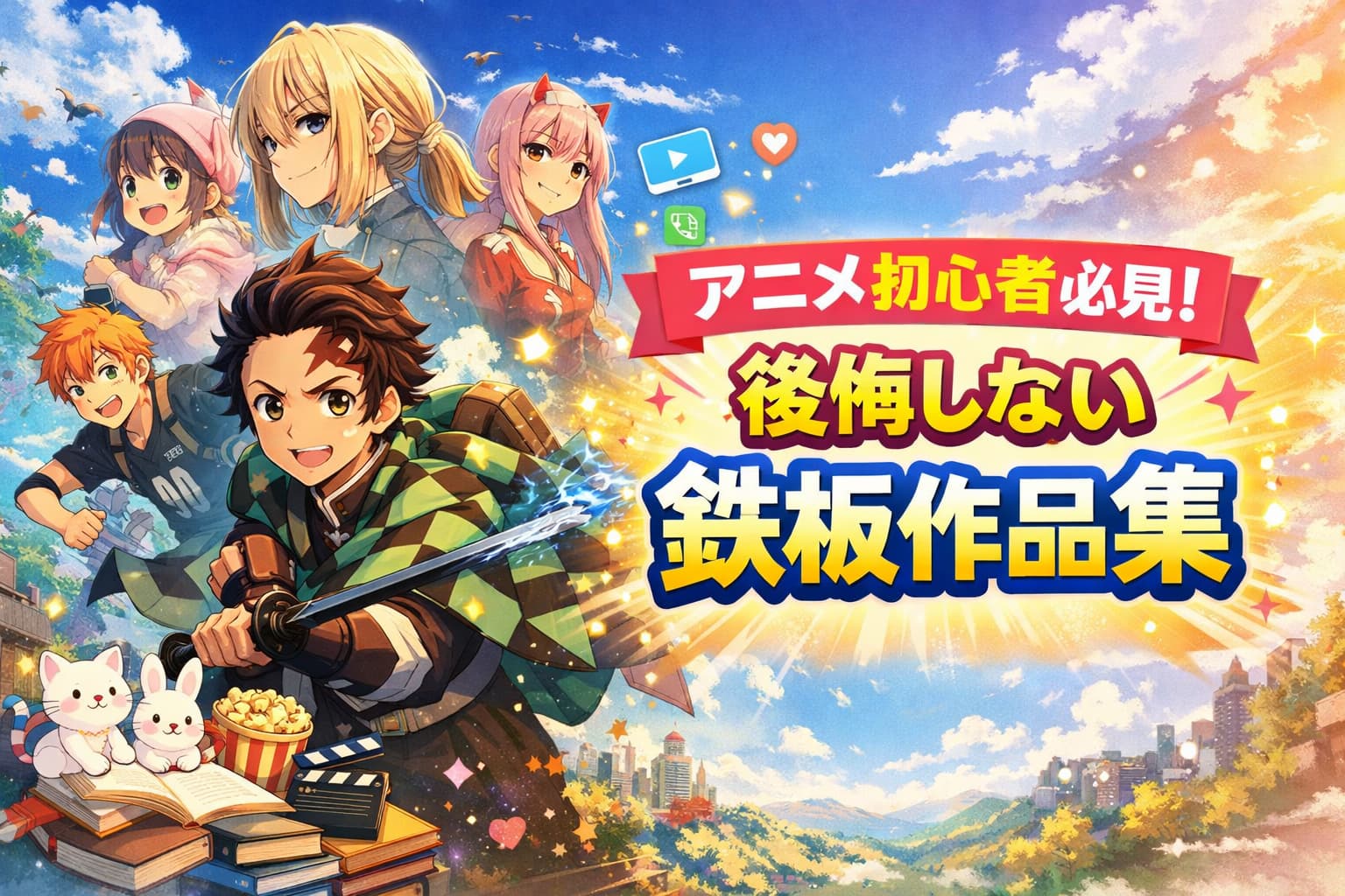アニメ初心者におすすめの鉄板作品を紹介するカラフルなアイキャッチ画像。人気キャラクターとタイトル文字が右中央に配置されている。