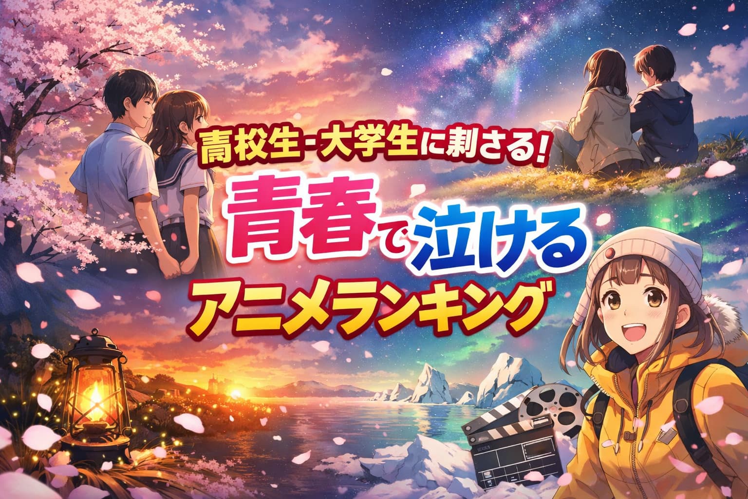 高校生・大学生に刺さる青春で泣けるアニメランキングのアイキャッチ画像。夕焼け・桜・感動シーンを背景に、タイトル文字が大きく表示されている。