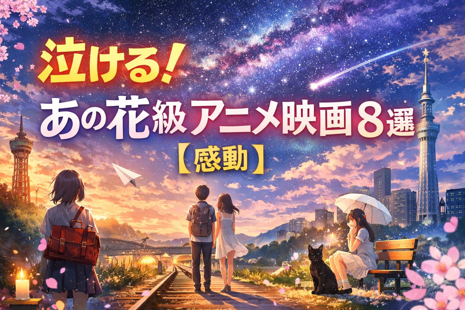 泣ける！あの花級アニメ映画8選【感動】のアイキャッチ画像。夕暮れの空に鉄道と少年少女、ベンチに座る少女と黒猫が描かれた幻想的な風景。