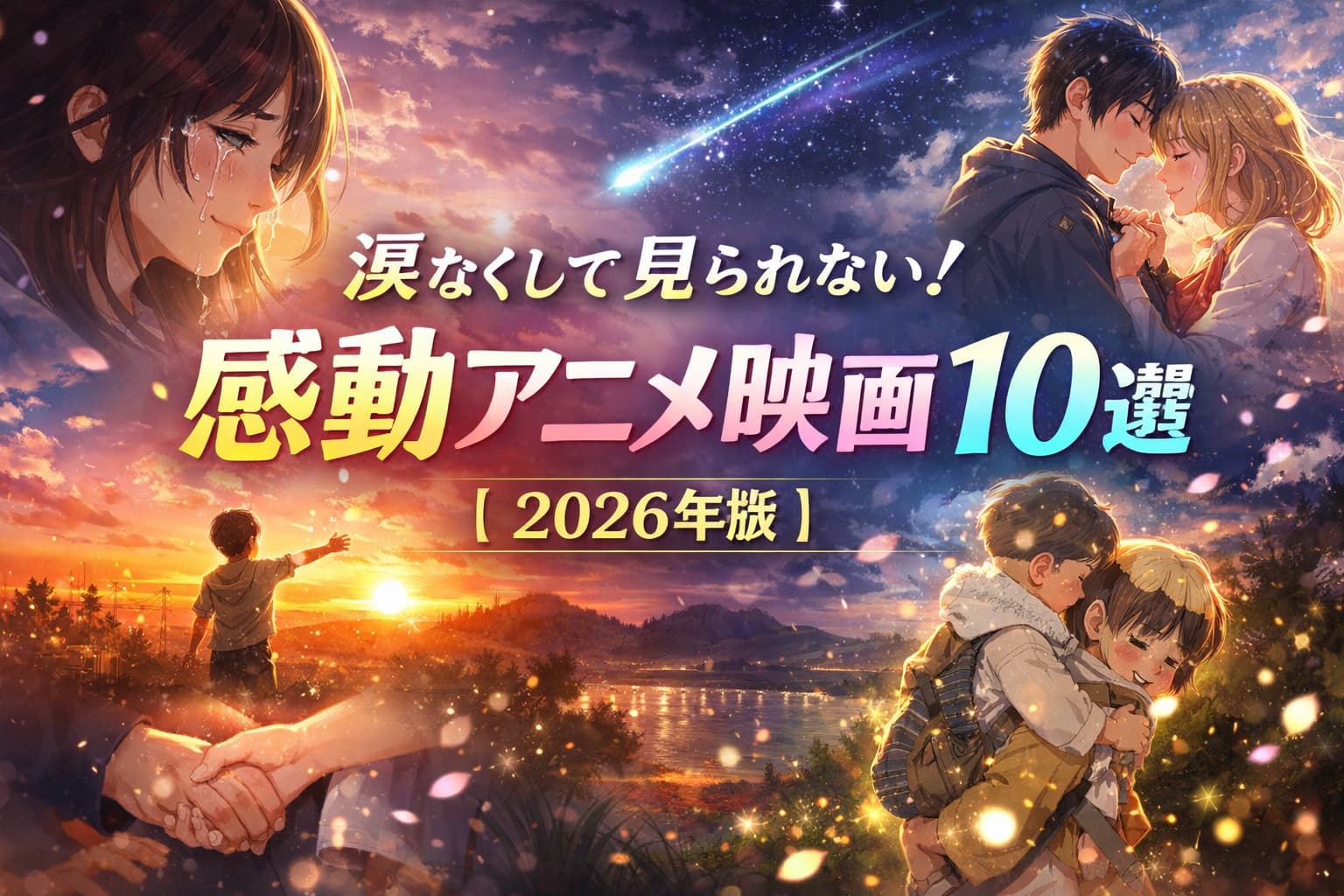 2026年版・涙なくして見られない感動アニメ映画10選のアイキャッチ画像。夕焼けと夜空を背景に、感動的なシーンが描かれている。