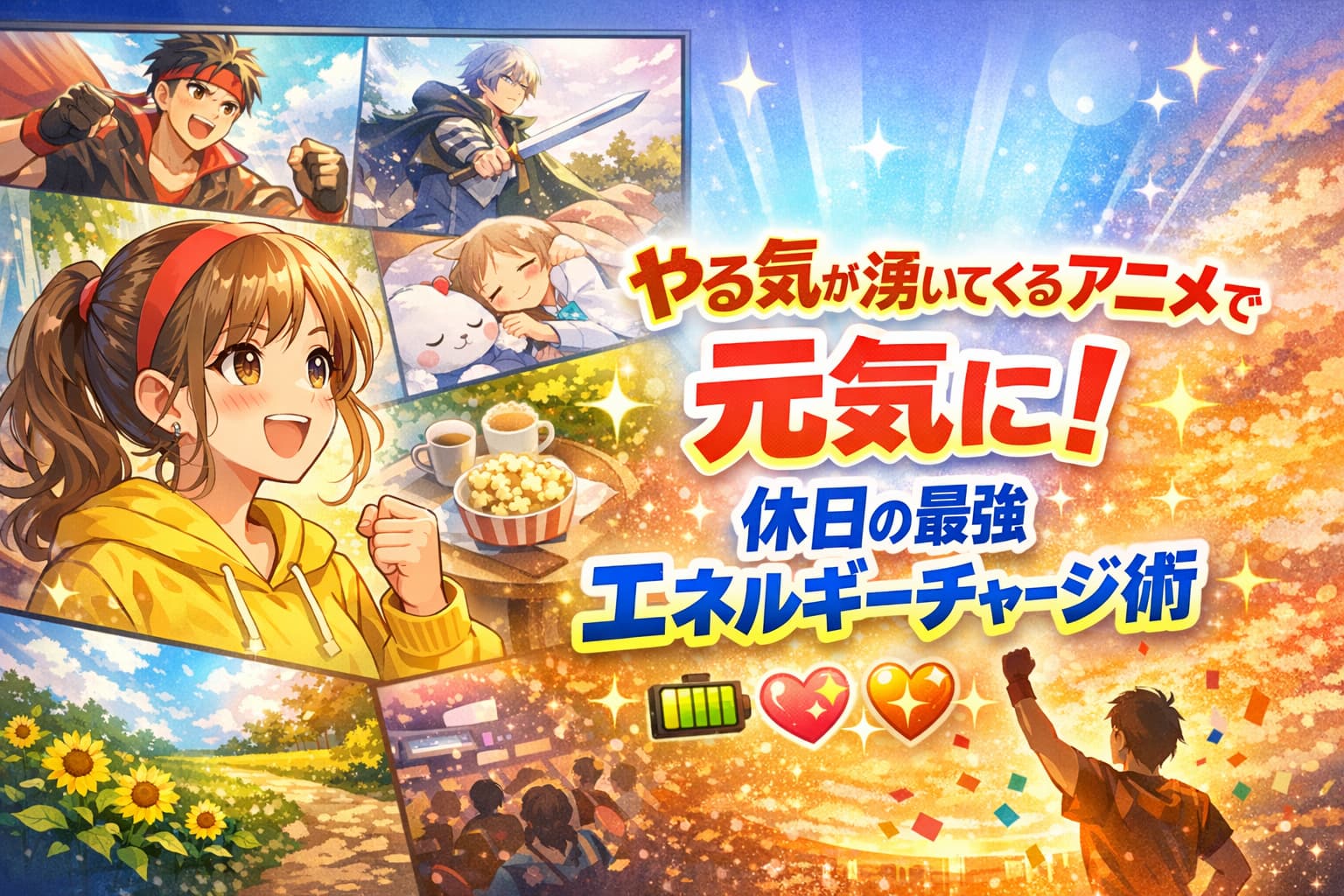 やる気が湧いてくるアニメで元気に！休日にエネルギーをチャージする女性とアニメシーンのコラージュ