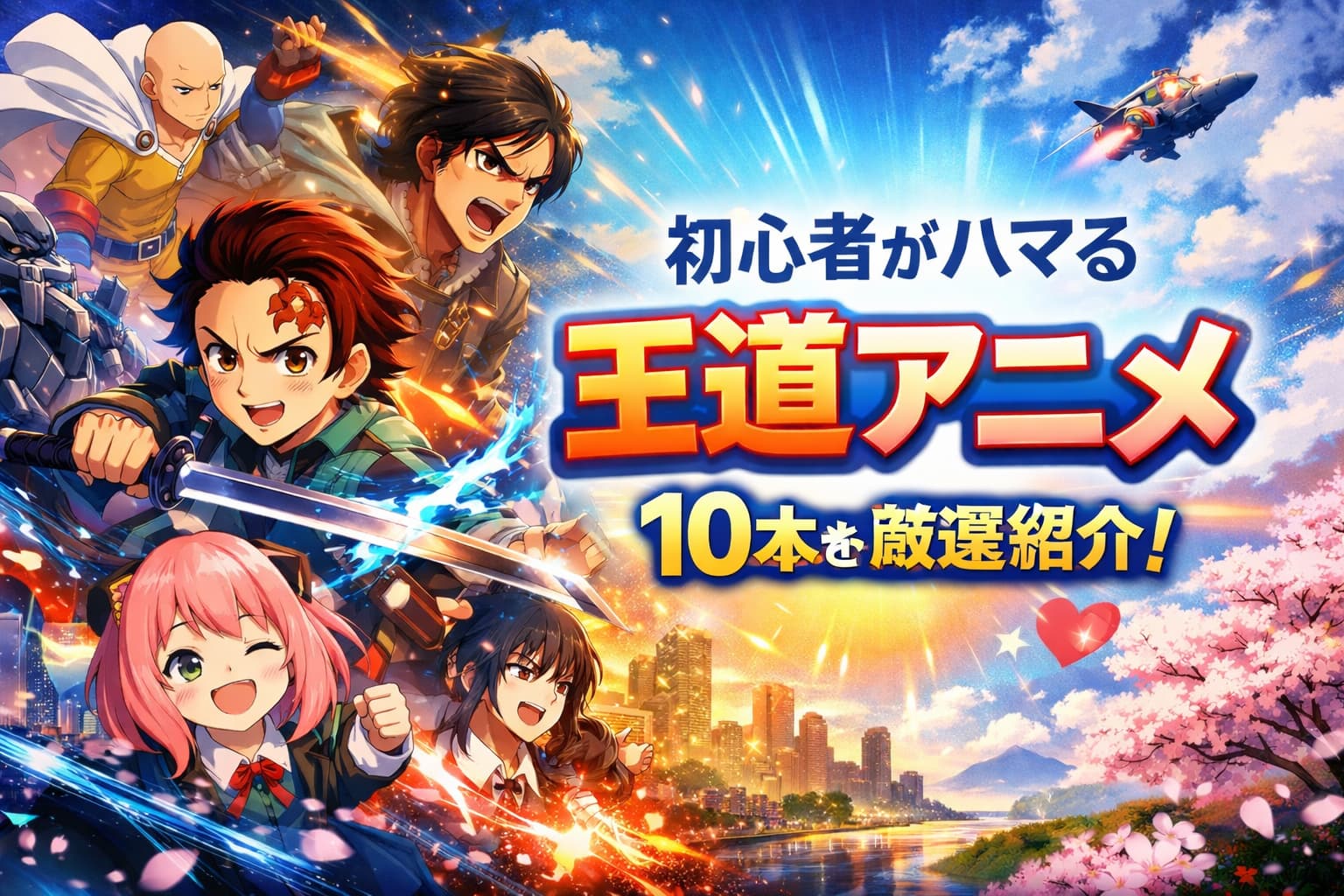 初心者向けにおすすめの王道アニメ10本を紹介するカラフルなアイキャッチ画像。人気キャラクターと桜、都市風景が描かれている。