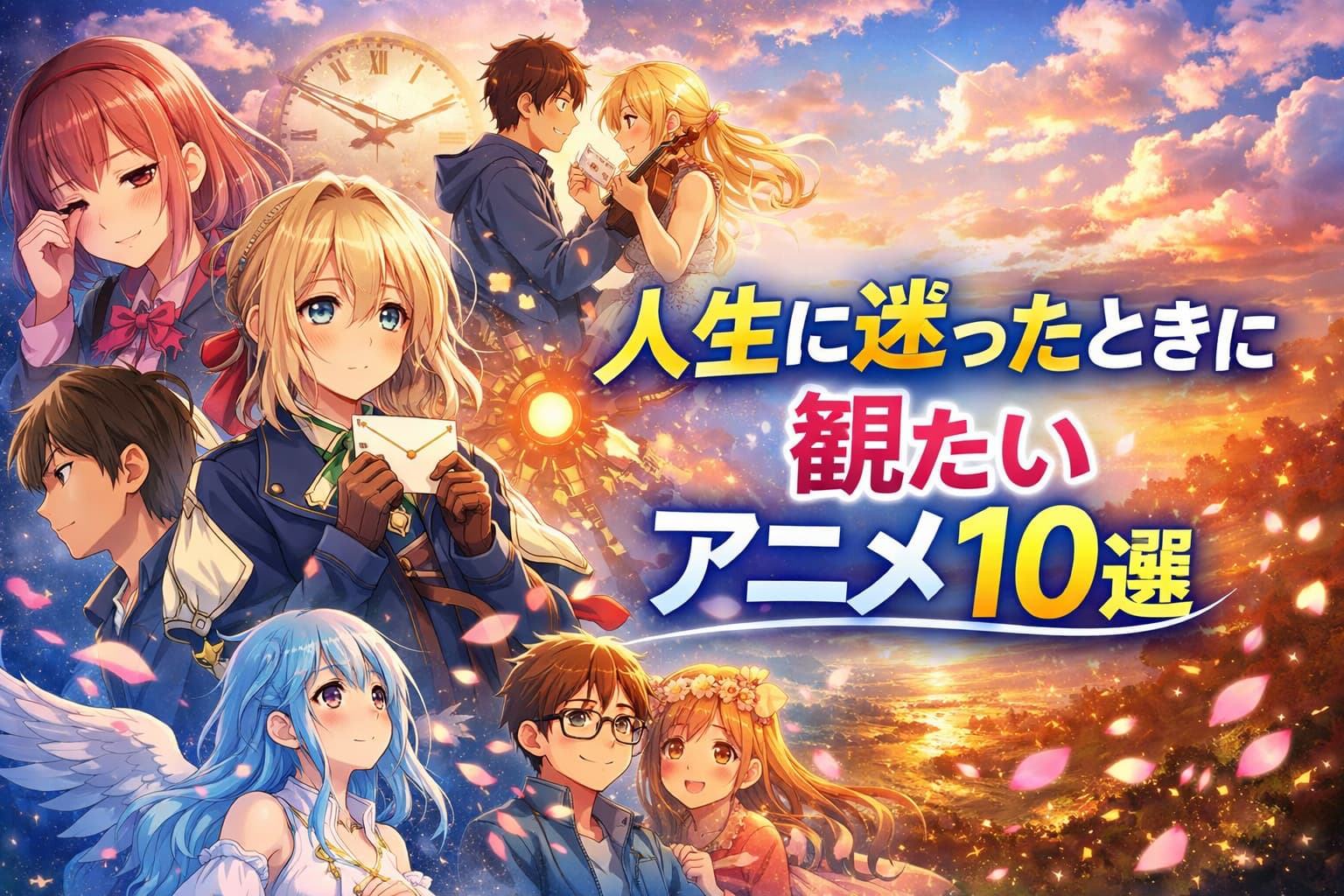「人生に迷ったときに観たいアニメ10選」のタイトルが中央右に表示された感動系アニメ風のアイキャッチ画像