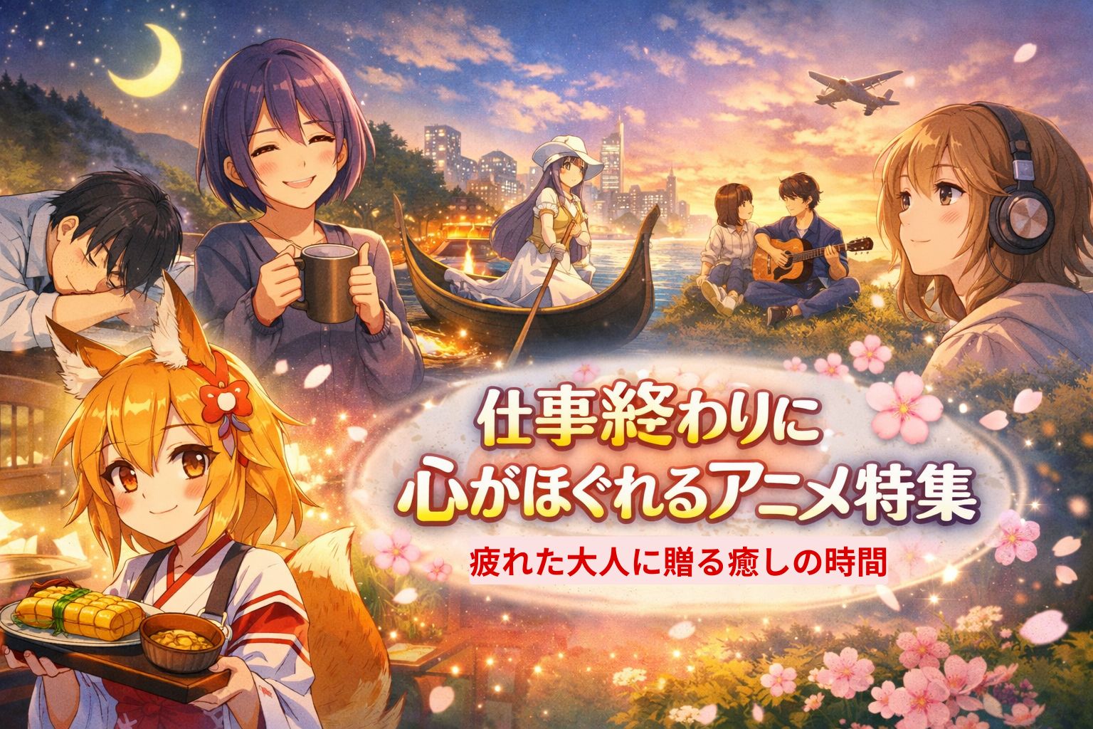 仕事終わりに癒しをくれるアニメの名シーンを描いた横長バナー画像。夜景・キャンプ・音楽・狐娘などの登場キャラクターが並ぶ。