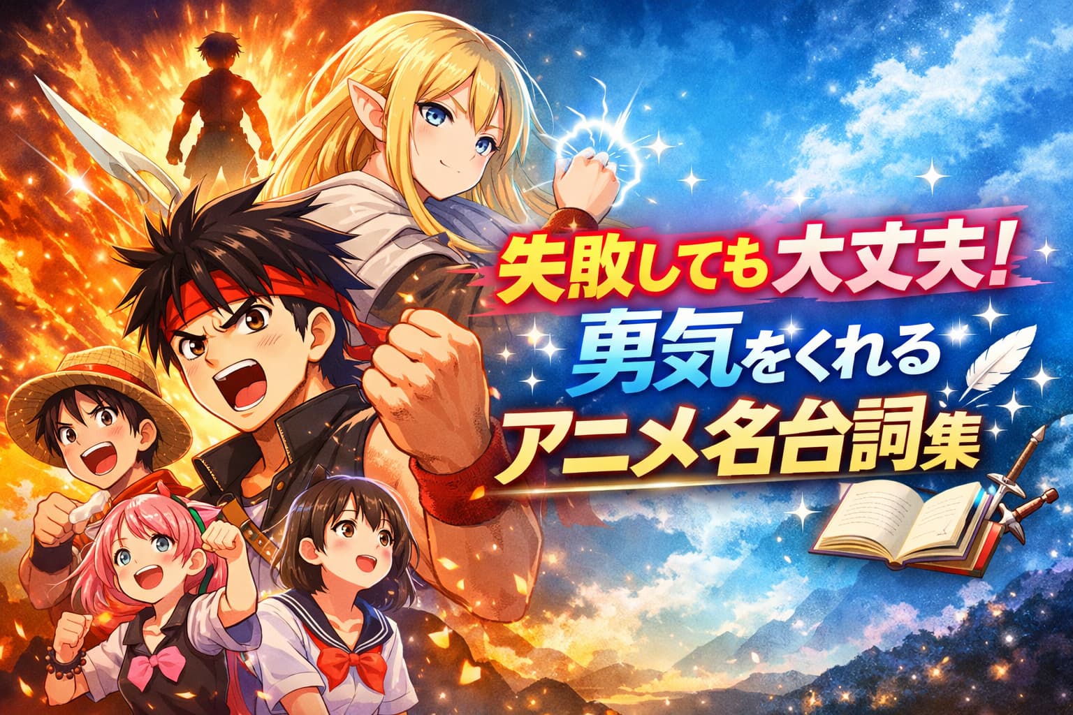 失敗しても大丈夫！勇気をくれるアニメ名台詞集のアイキャッチ画像。元気なキャラクターたちと希望に満ちた日本語タイトル。