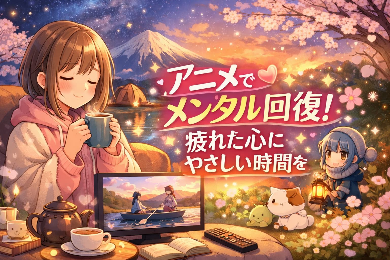 アニメでメンタル回復をテーマにした癒し系アイキャッチ画像。温かい飲み物を持つ女性と自然風景、リラックスしたアニメ視聴シーンが描かれている。