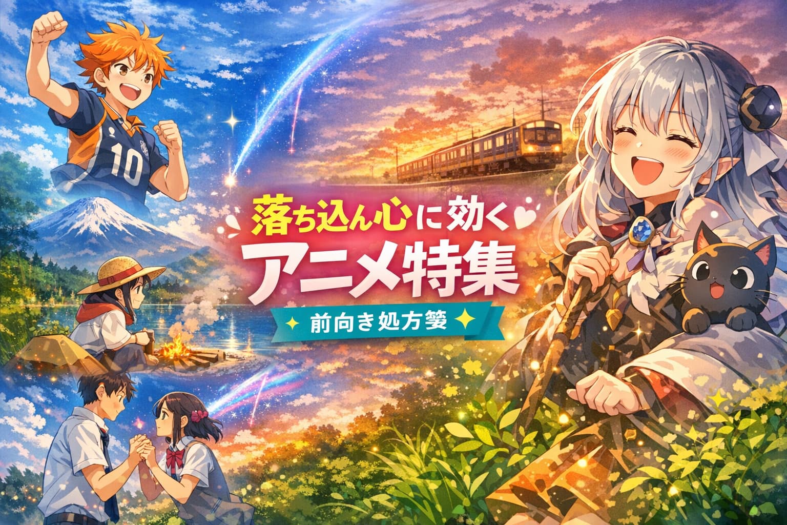 落ち込んだときに効く前向きアニメを紹介するアイキャッチバナー。感動・癒し・勇気をテーマにしたアニメキャラたちが描かれている。