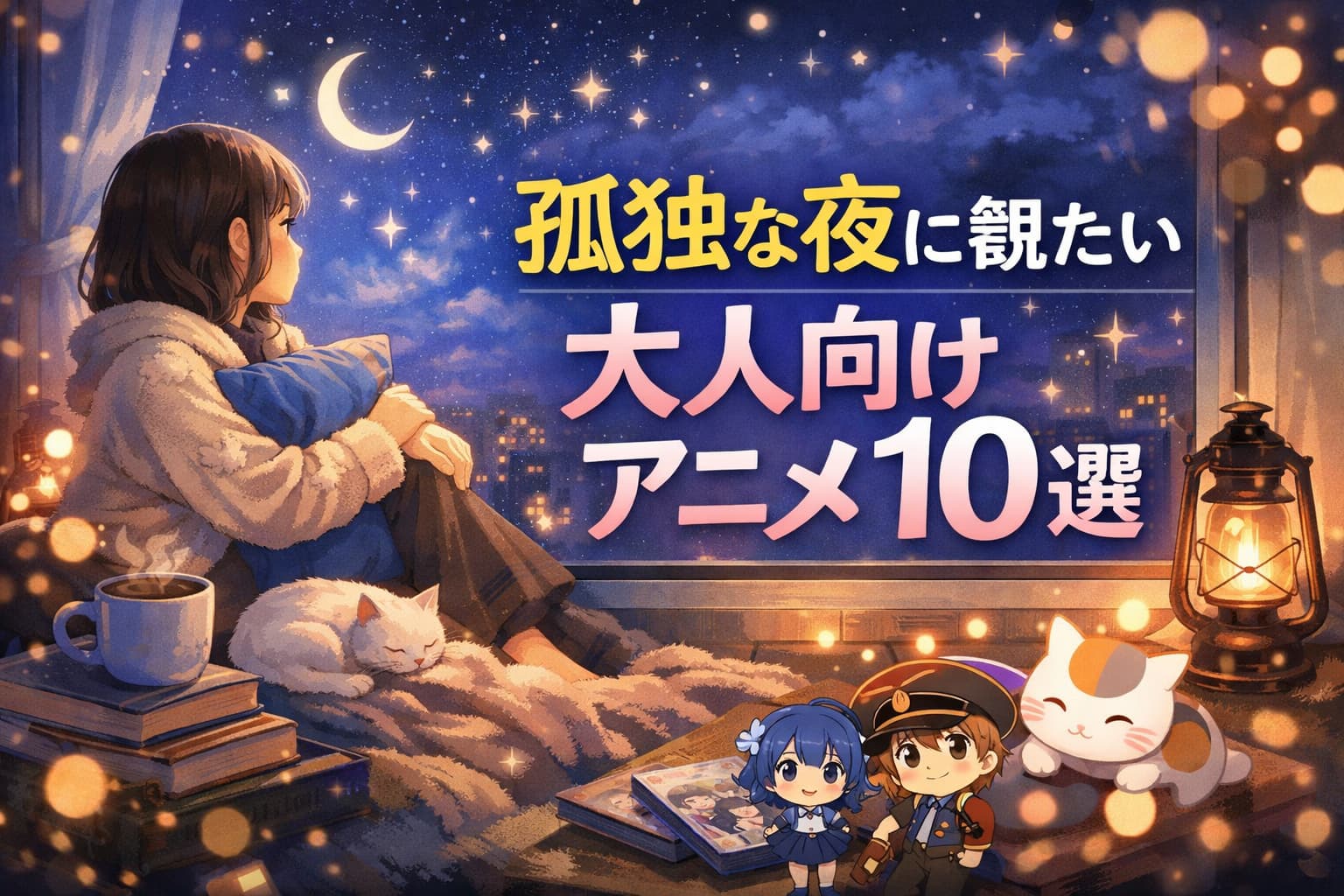 孤独な夜に寄り添う大人向けアニメ10選のアイキャッチ画像。夜空と静かな風景を背景に、感情に響く日本語タイトルが右中央に配置されている。