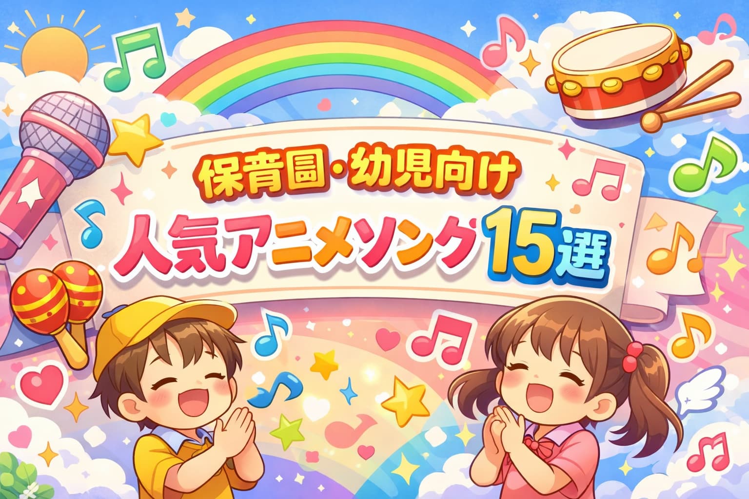 保育園・幼児向けの人気アニメソング15選を紹介する、明るく可愛いアニメ調のイラスト画像