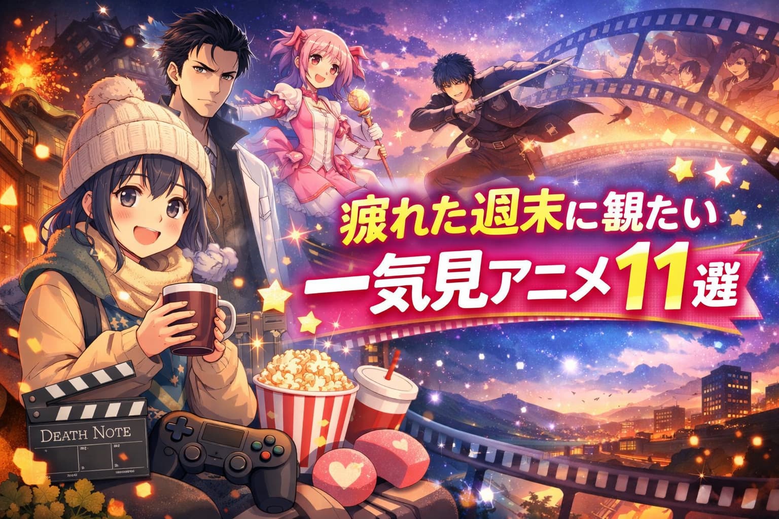 疲れた週末に観たい一気見アニメ11選を紹介するアイキャッチ画像。癒し・サスペンス・アクションなど多彩なジャンルのアニメキャラが登場。