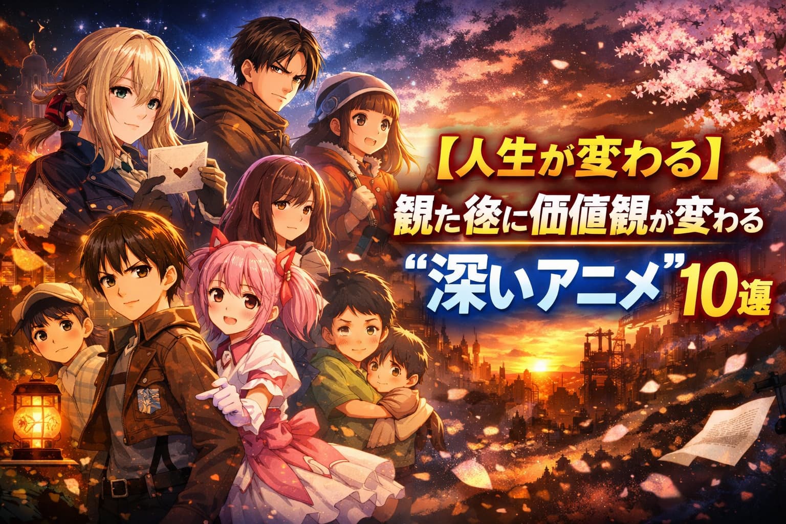 観たあと価値観が変わる深いアニメ10選のアイキャッチ画像。夕焼けを背景にたたずむキャラクターと「【人生が変わる】価値観が変わる深いアニメ10選」のタイトル文字入り。