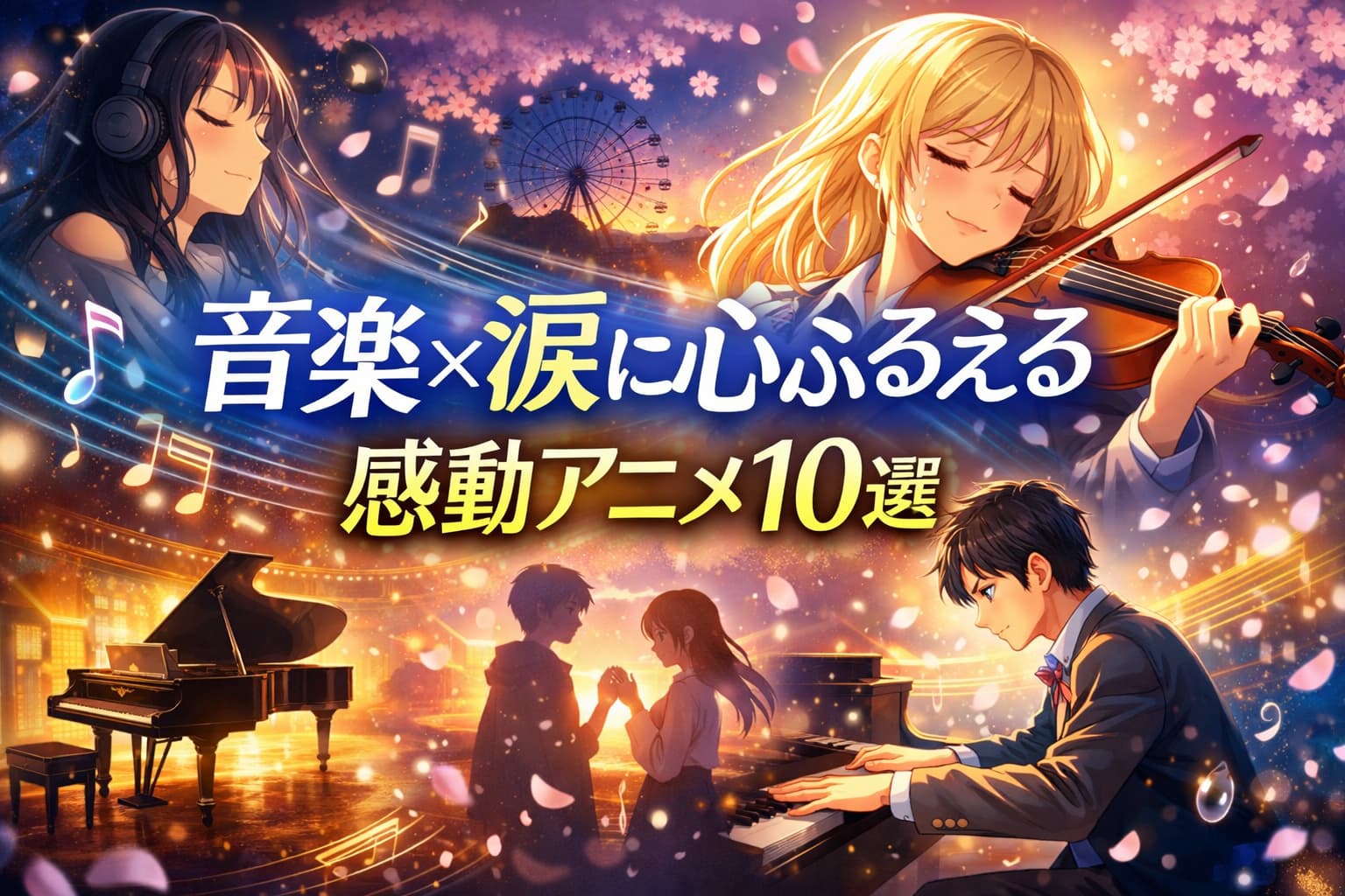 音楽と涙がテーマの感動アニメ10選を象徴する、ピアノとヴァイオリン演奏シーン、桜と夜景に包まれたイラスト
