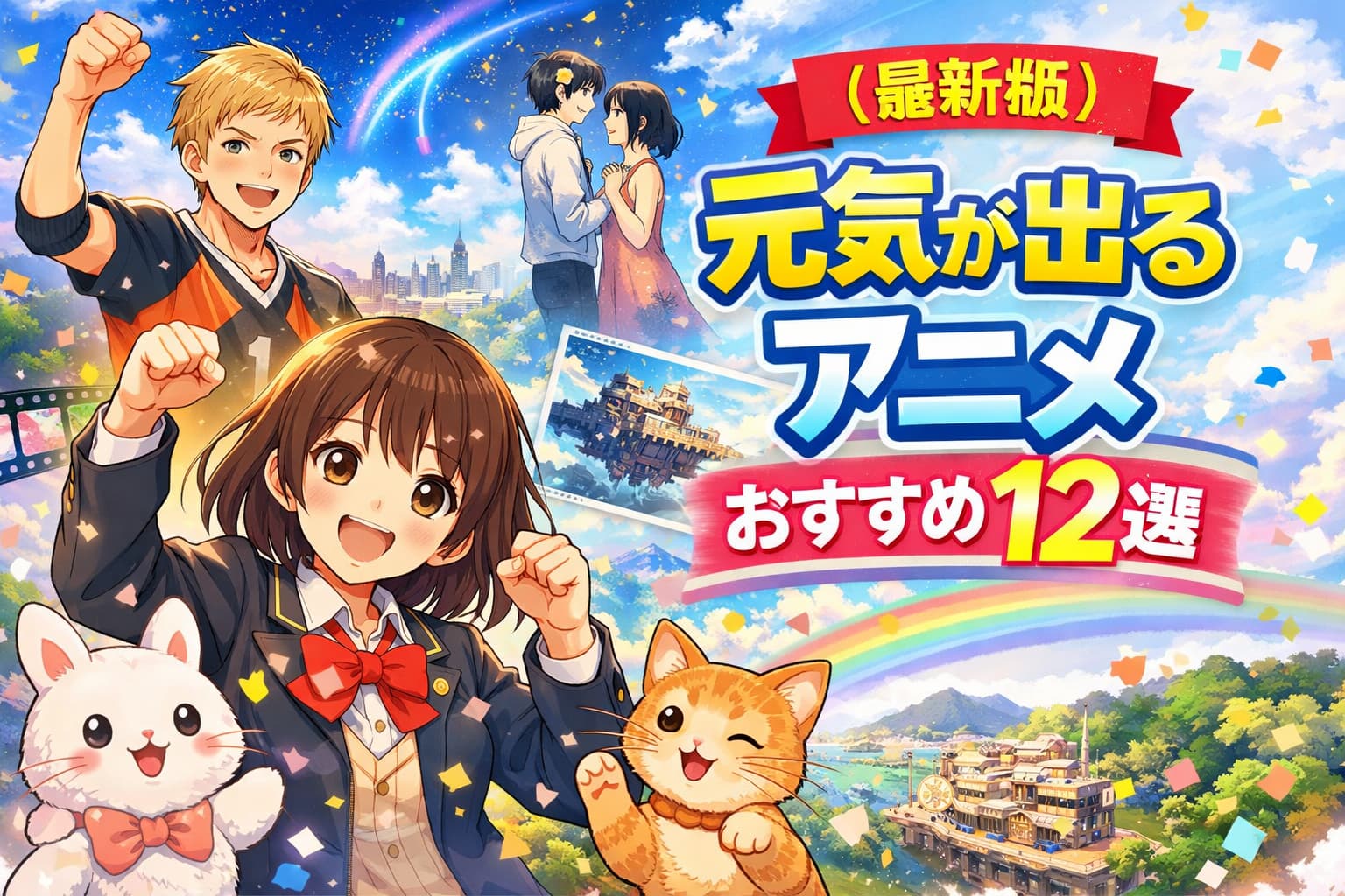 前向きになりたいときに観たい元気が出るアニメおすすめ12選のアイキャッチ画像。癒し・感動・笑い・青春など多彩なジャンルを背景にした構成。