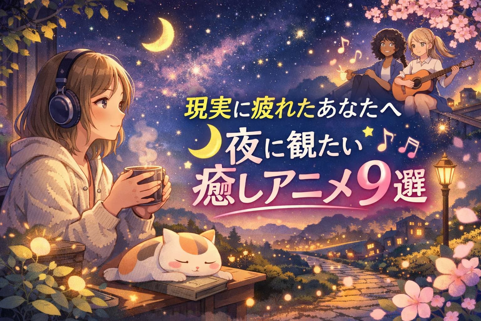 現実に疲れた人へ向けた癒しの夜アニメをテーマにしたイラスト。女性がヘッドホンをつけて温かい飲み物を飲みながら星空を眺め、右側にタイトル「現実に疲れたあなたへ 夜に観たい癒しアニメ9選」が配置されている。