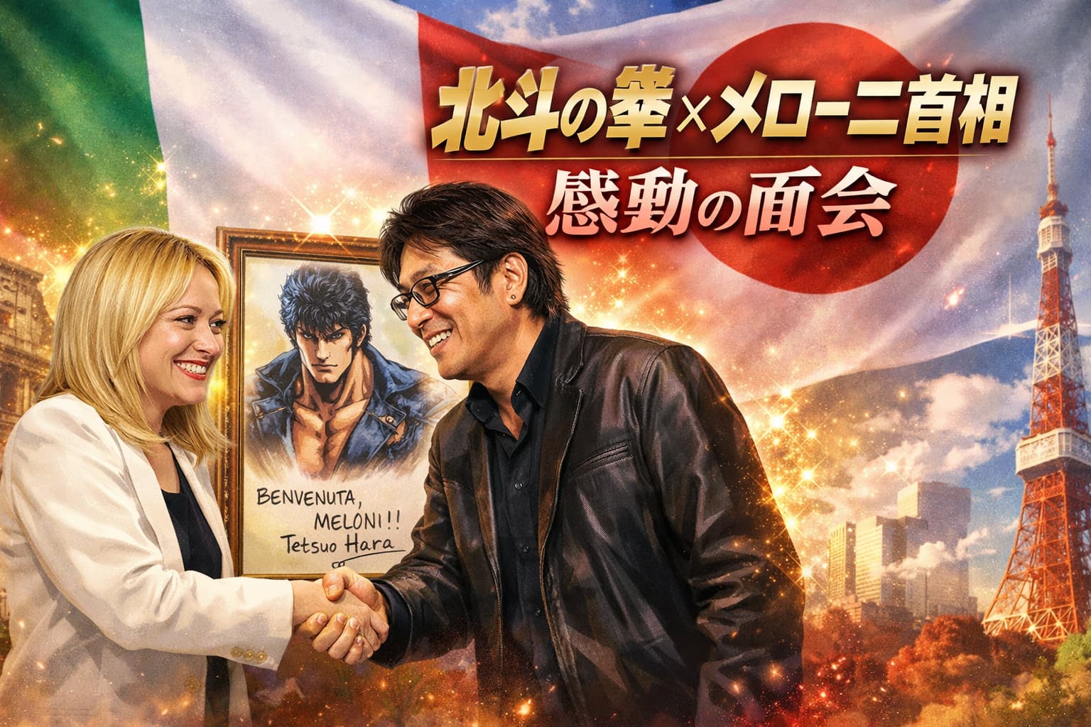 原哲夫とメローニ首相が握手する様子と、ケンシロウの版画、日本とイタリアの国旗が背景に描かれたアイキャッチ画像