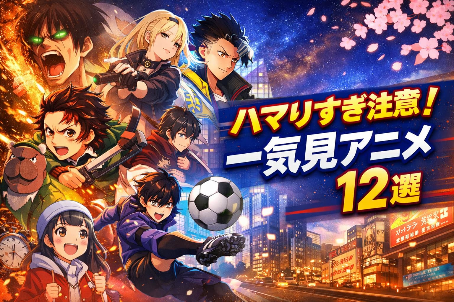 人気アニメキャラクターたちが集結し、「ハマりすぎ注意！一気見アニメ12選」のタイトルが目立つ横長アイキャッチ画像