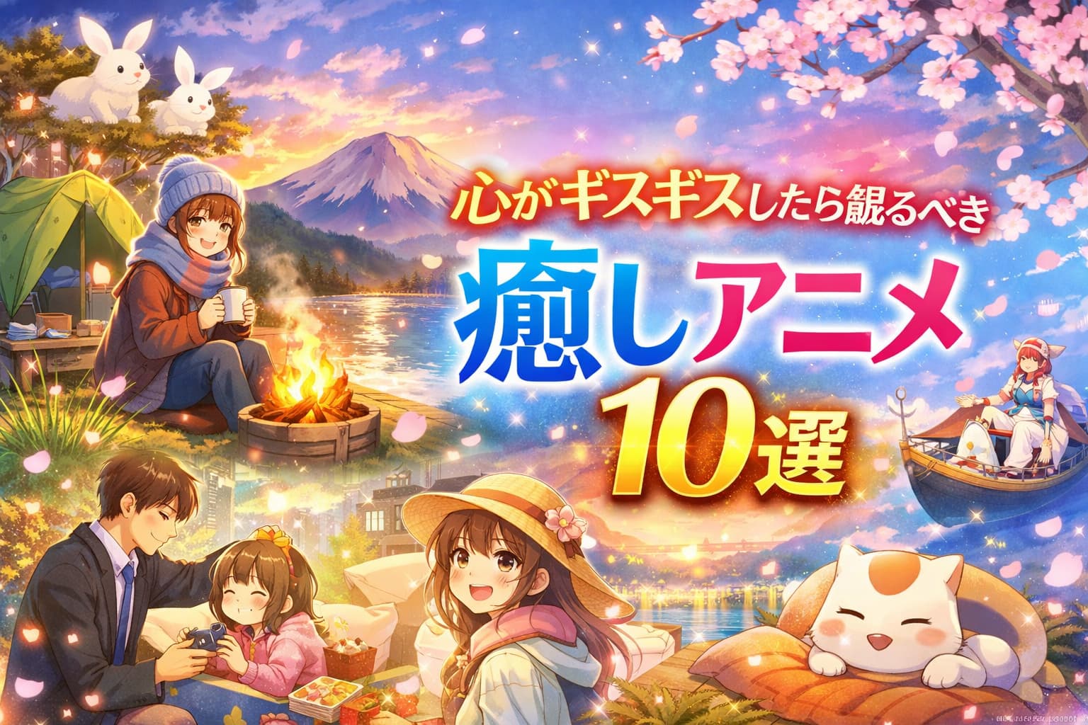 心がギスギスしたときに観たい癒しアニメ10選のアイキャッチ画像。キャンプ・自然・猫・癒しキャラが描かれた幻想的なビジュアル。