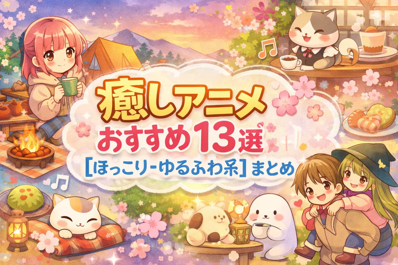 癒しアニメおすすめ13選【ほっこり・ゆるふわ系】のタイトルが入った可愛いキャンプ＆カフェ風イラスト