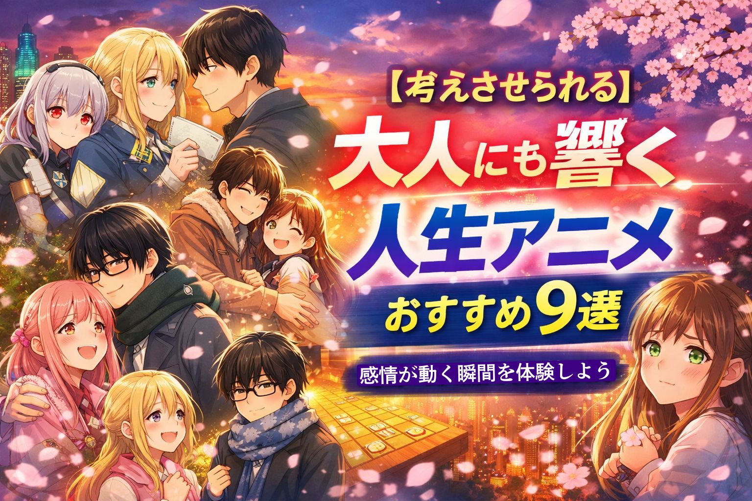 大人にも響く人生アニメおすすめ9選のビジュアル。9人のアニメキャラクターが感情豊かに描かれ、右側に鮮やかな日本語タイトルが配置されている。