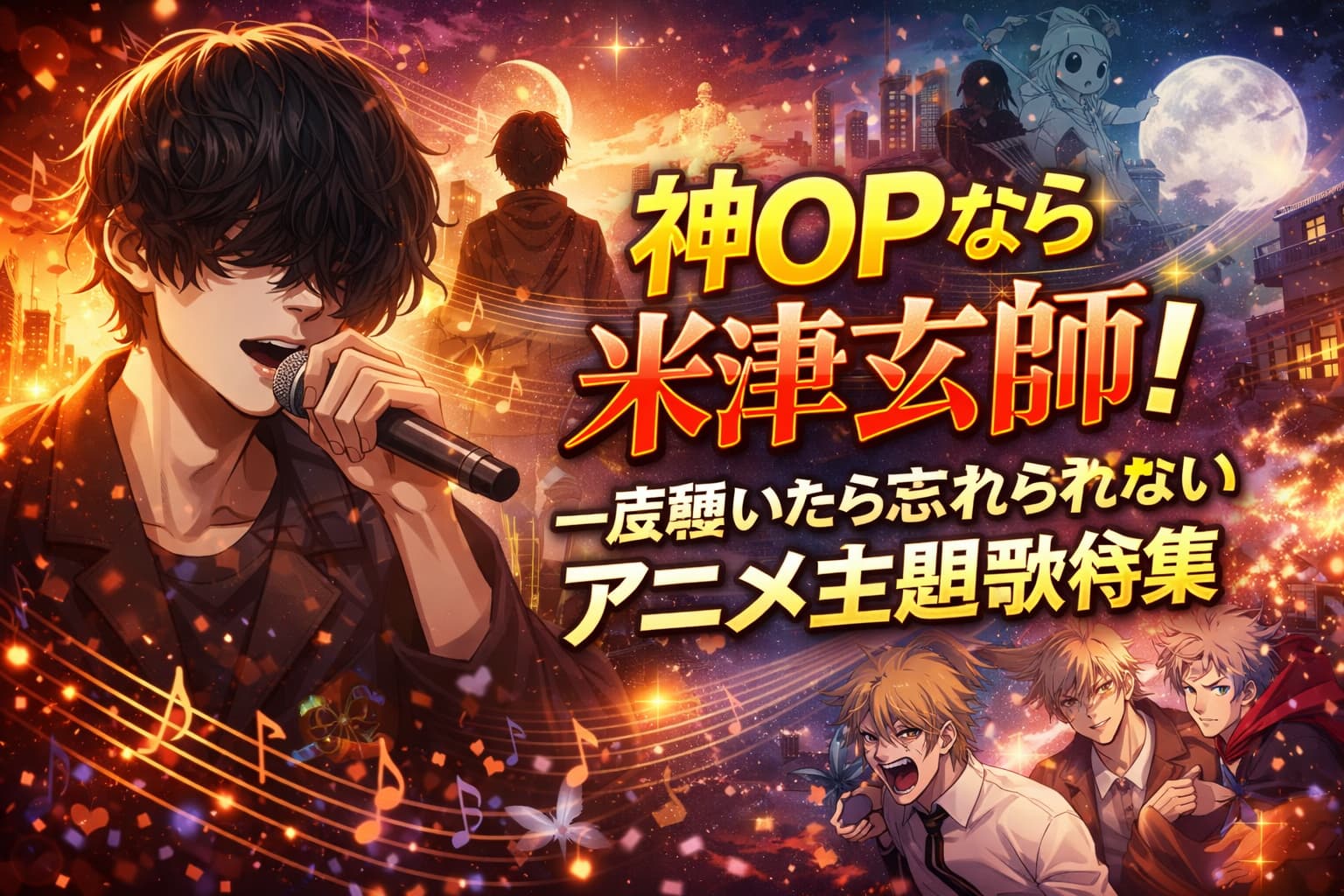 神OPとして知られるアニメ主題歌を象徴するビジュアル。米津玄師の音楽とアニメの世界観を表現。