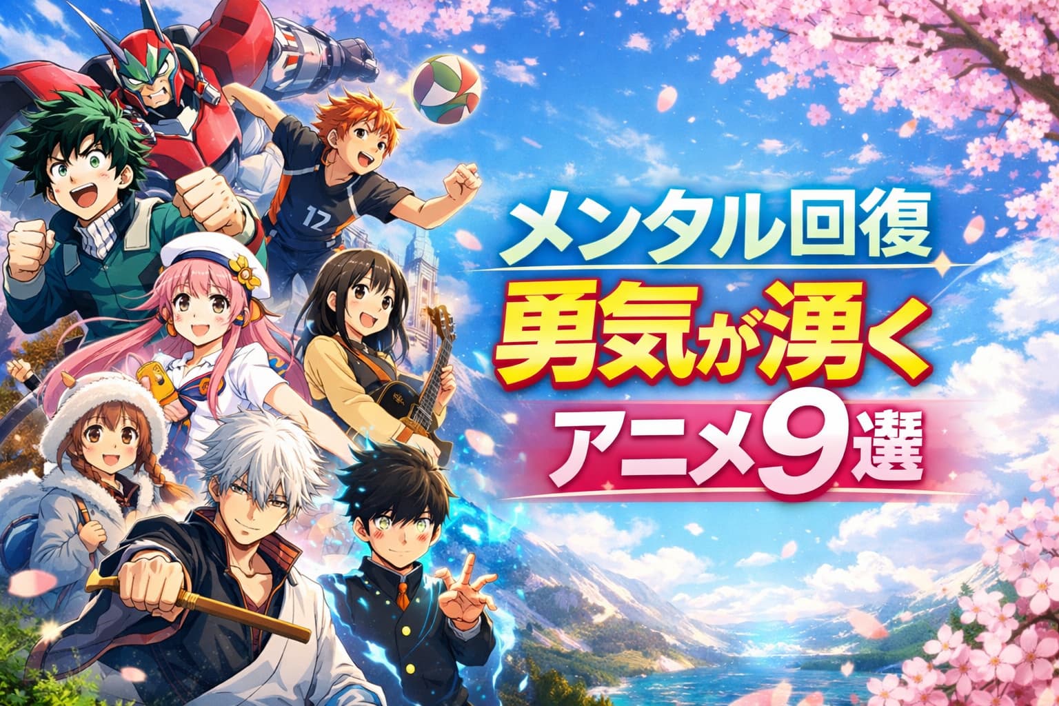 メンタル回復に効くアニメ9作品のキャラクターが集合し、右側にタイトルが配置された春らしいアイキャッチ画像