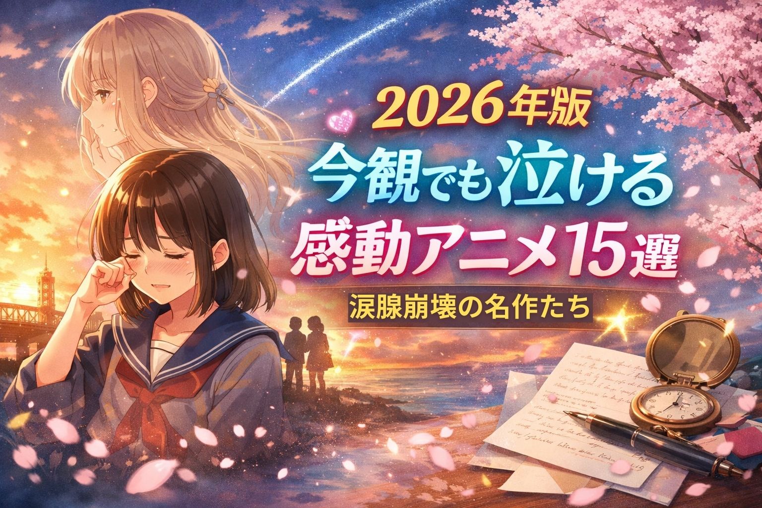2026年版・本気で泣ける感動アニメ15選のアイキャッチ画像。涙を流す少女の幻想的なイラスト。