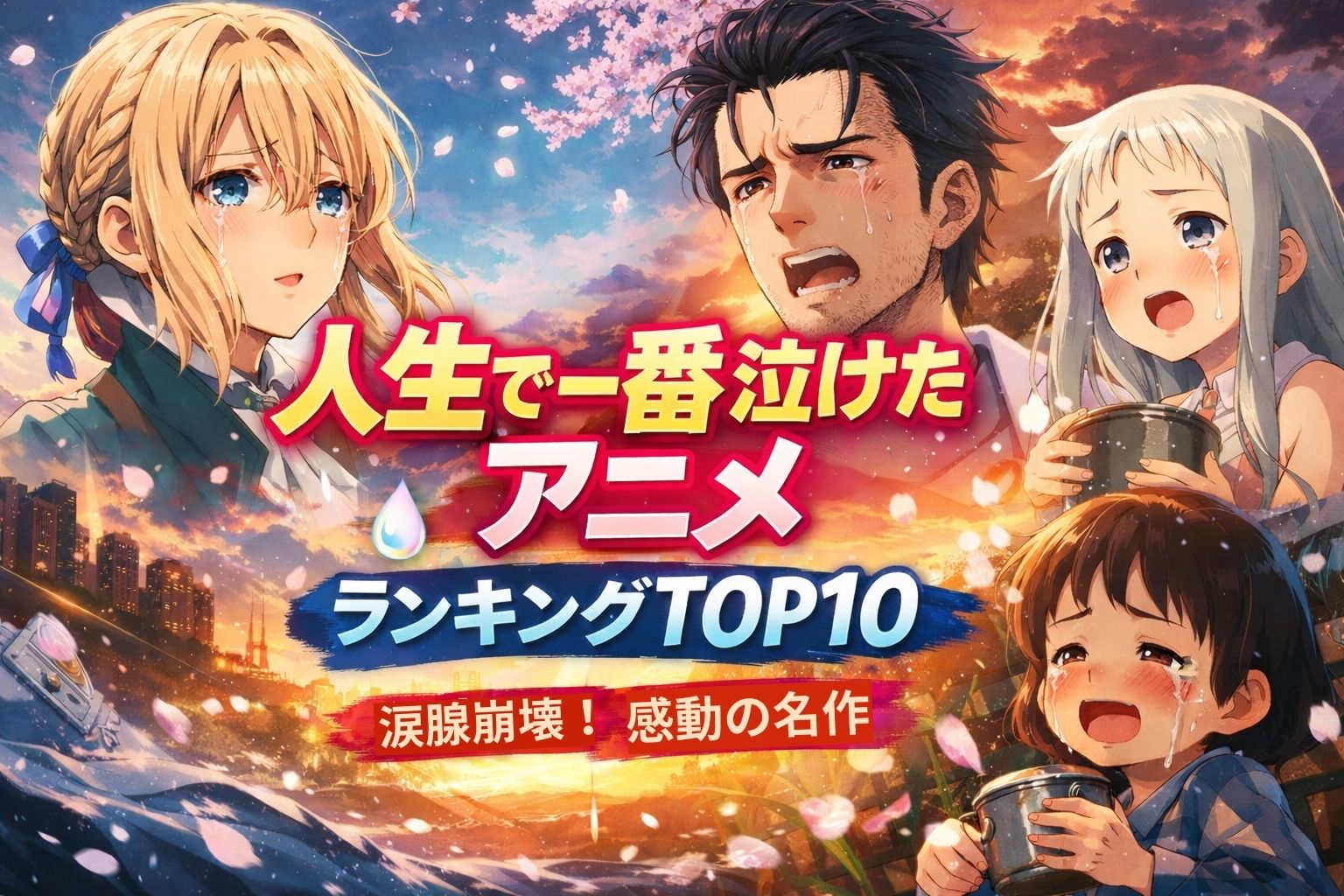 視聴者5,000人が選んだ泣けるアニメランキングTOP10のアイキャッチ画像。感情的な表情を見せる人気キャラたちと「人生で一番泣けたアニメ」の文字。