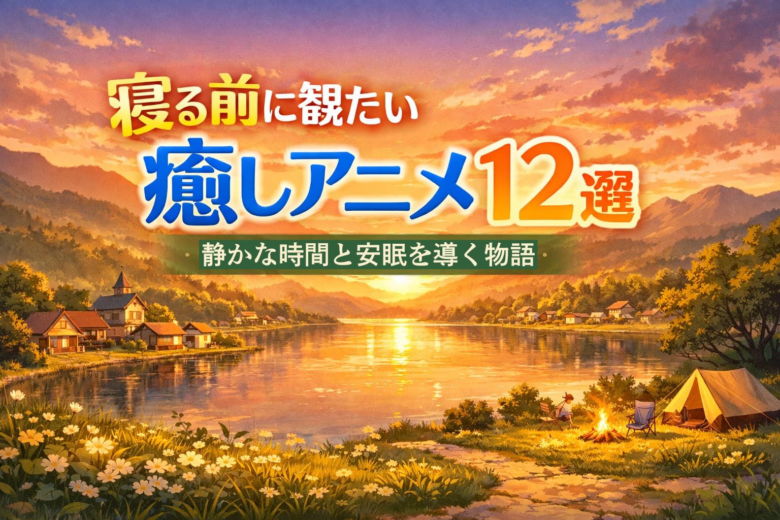 寝る前に観たい癒しアニメ12選のアイキャッチ画像。夕暮れの湖畔にキャンプと田舎の家並みが広がる、安眠を誘う穏やかな風景。
