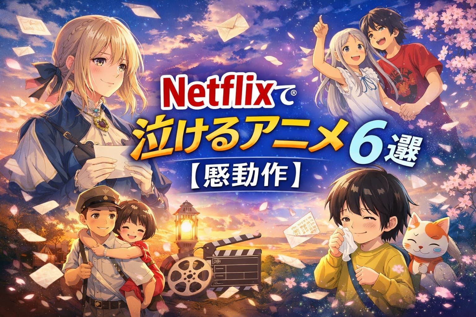 Netflixで泣けるアニメ6選【感動作】のアイキャッチ画像。アニメキャラクターたちの感動的なシーンが夕暮れと星空の背景に描かれている。