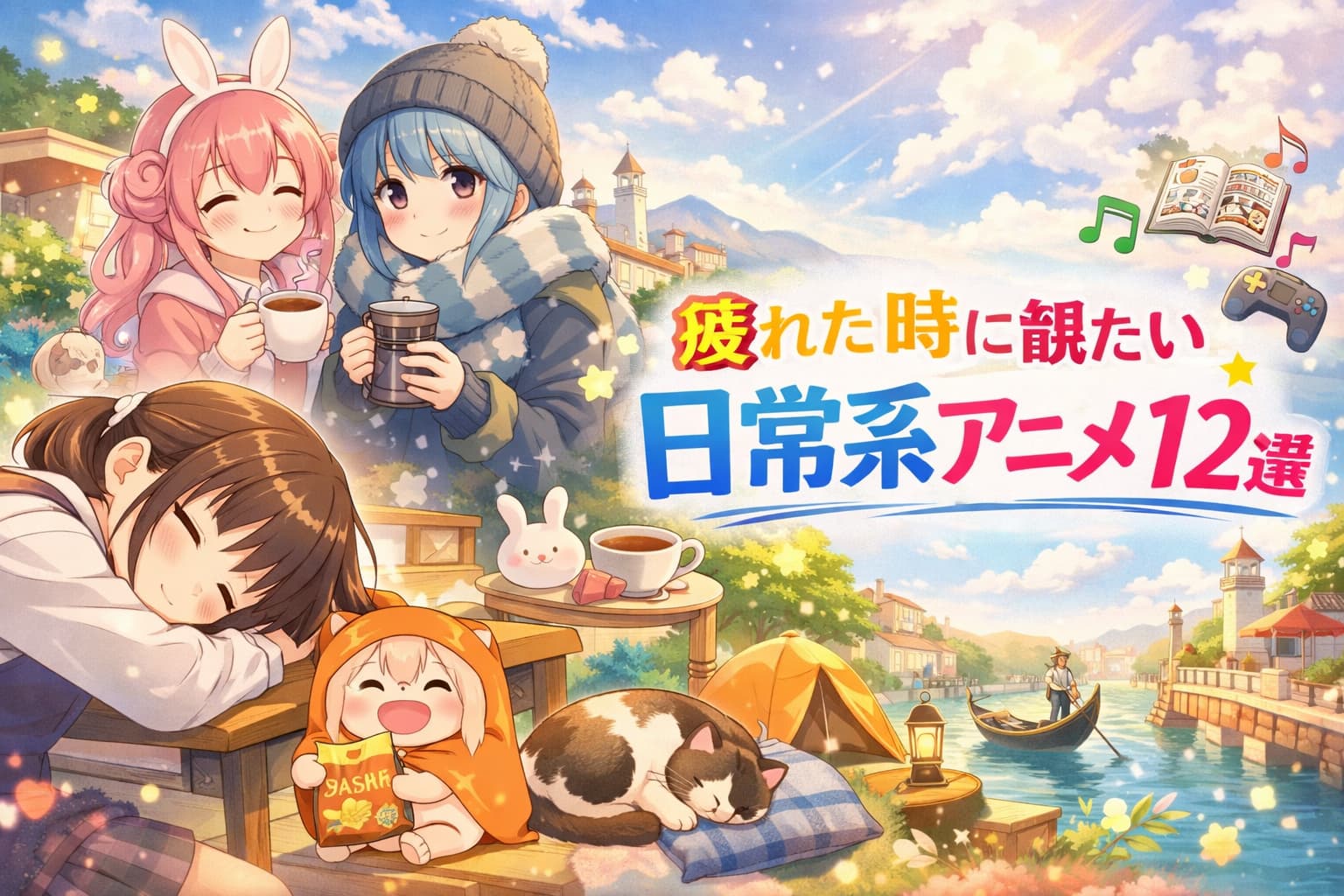 疲れた時に観たい日常系アニメ12選のアイキャッチ画像。カフェでくつろぐ女の子たちとキャンプ風景、右側にタイトル文字。