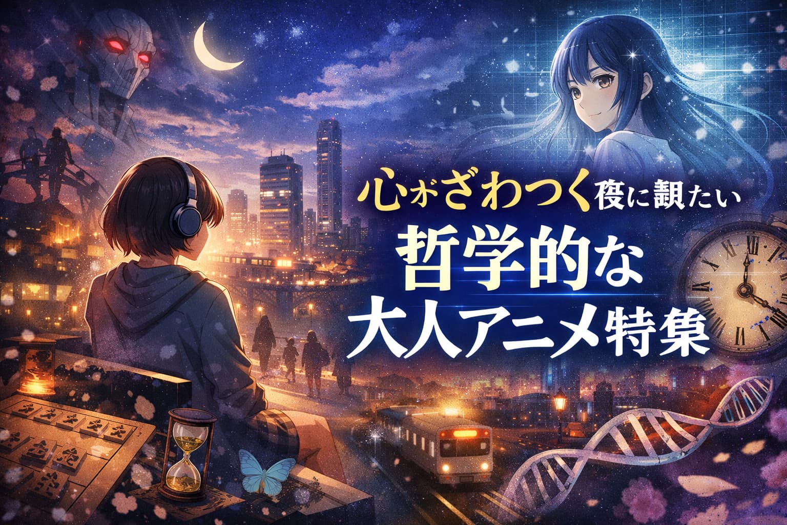 夜の都市を背景に哲学的な象徴と共に佇む女性とアニメキャラクターが描かれた、心がざわつく夜に観たい哲学的な大人アニメ特集のイメージビジュアル