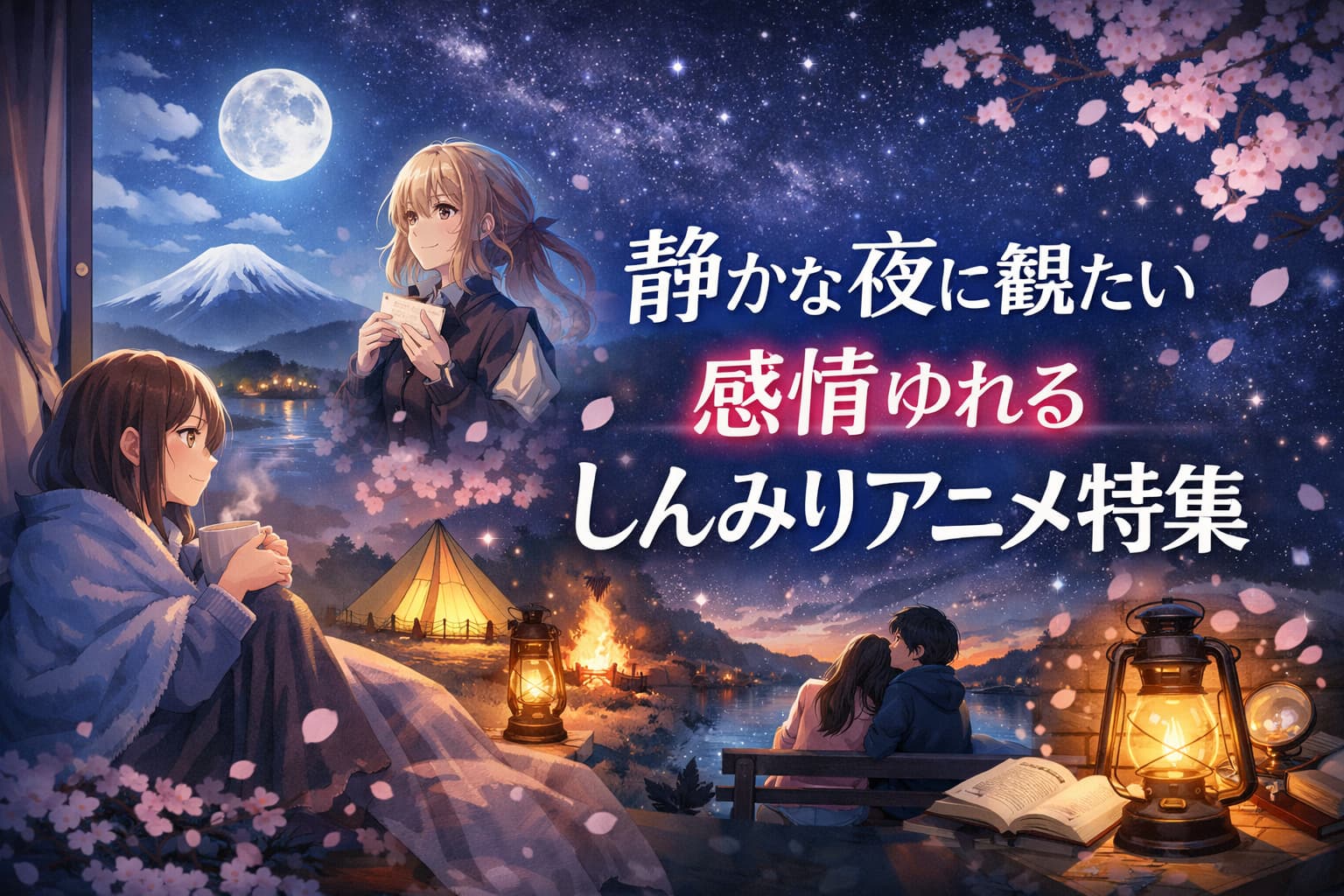 静かな夜に観たいしんみりアニメ特集のアイキャッチ画像。星空や桜の下でアニメキャラたちが穏やかに過ごすシーン。