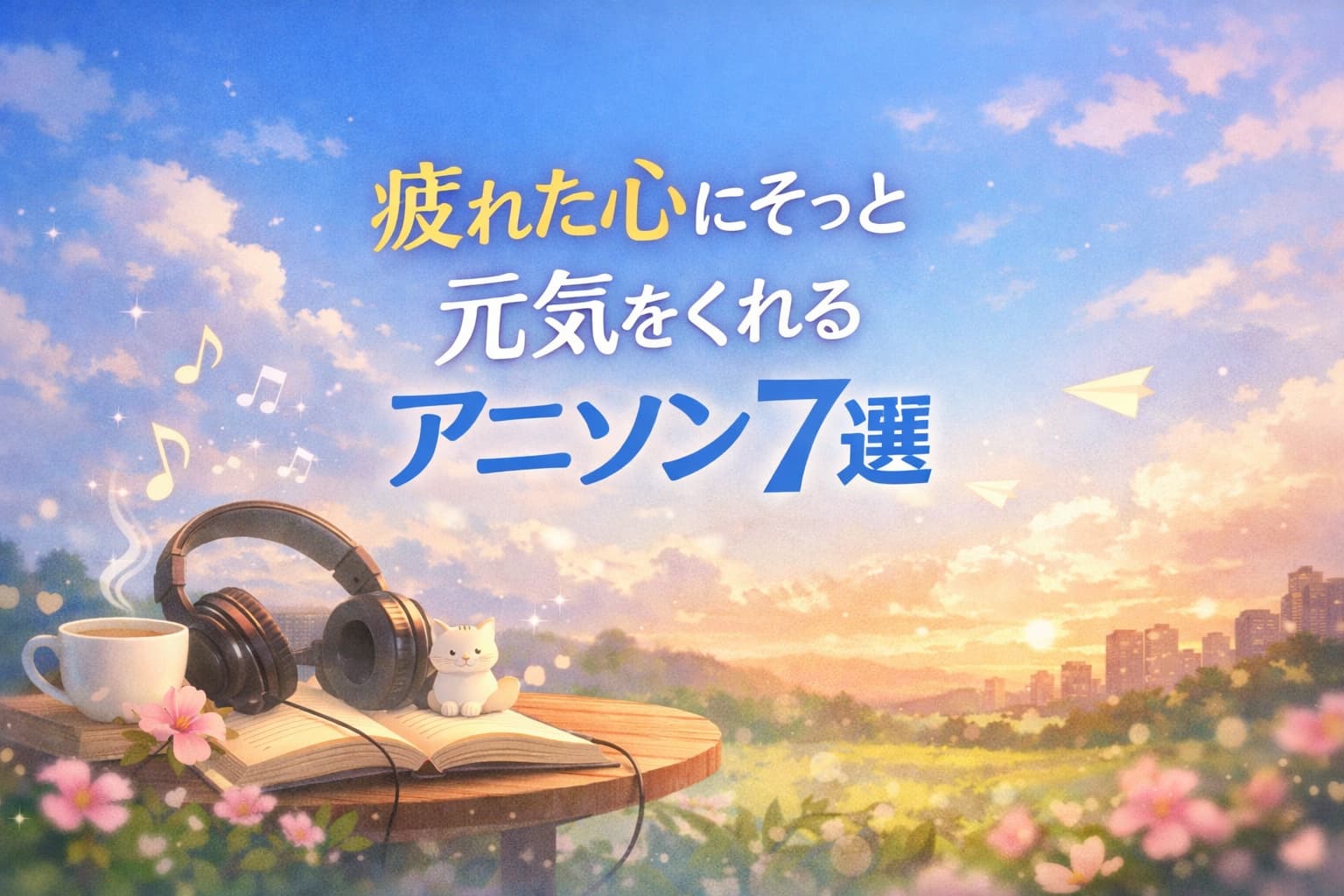 疲れた心にそっと元気をくれるアニソン7選をイメージした、ヘッドホンと本、夕空のやさしいイラスト