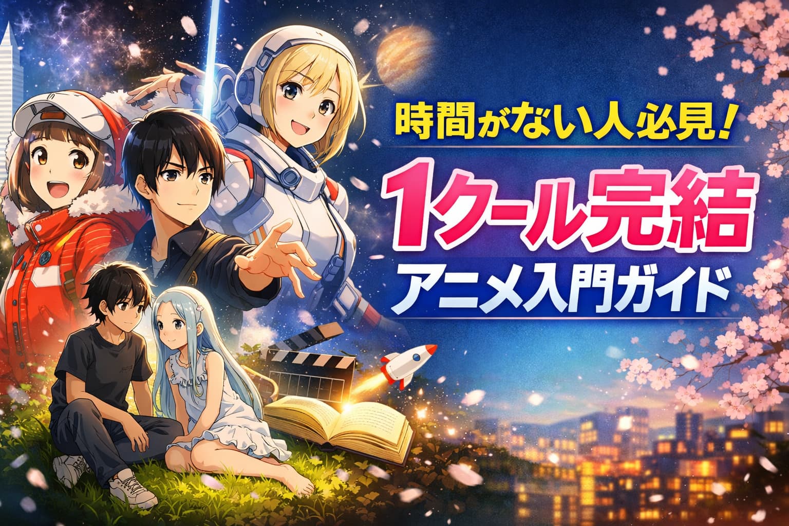 時間がない人向け1クール完結アニメ入門ガイドのアイキャッチ画像。右中央にタイトルが配置され、背景はカラフルでポップなアニメ風イラスト。